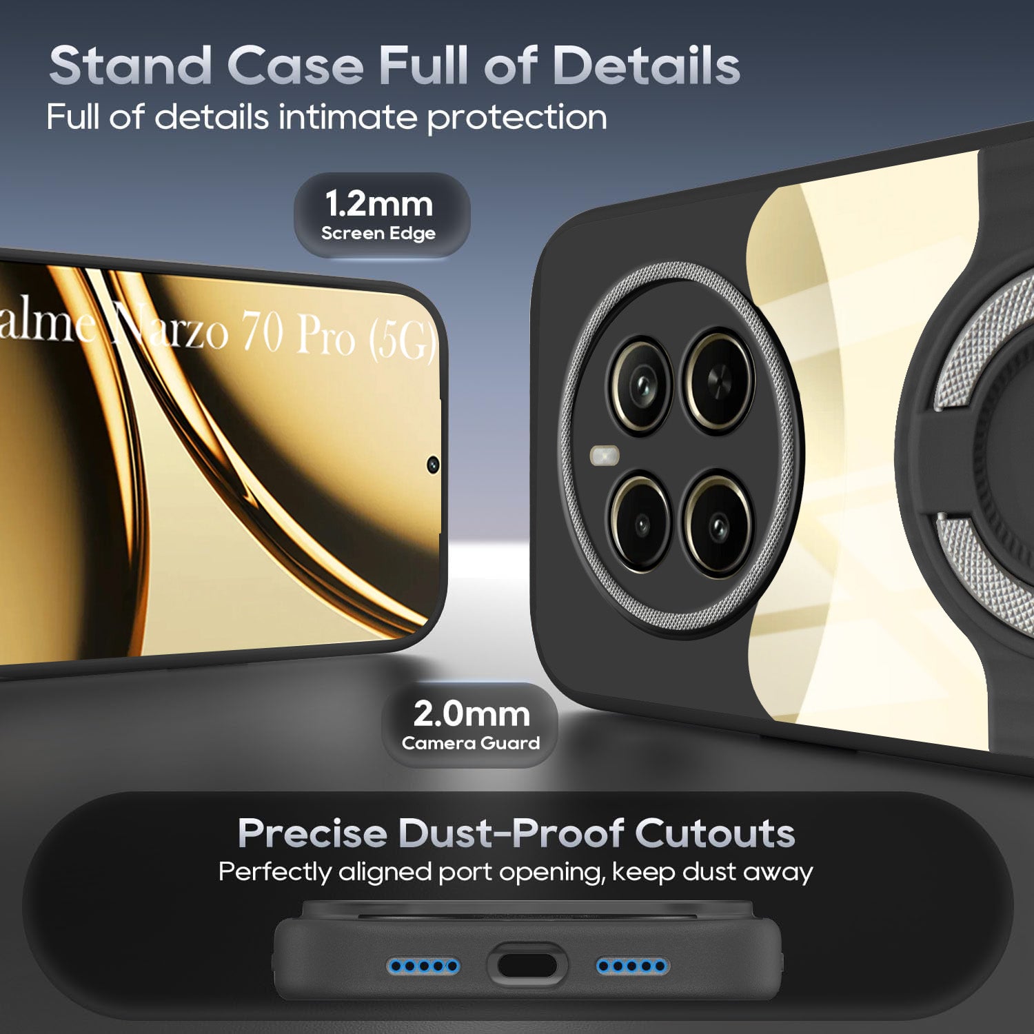 For Realme Narzo 70 Pro Back Cover Case with stand (Built-in Ring Holder Kickstand | Lifetime Anti Yellow | Camera Protection)