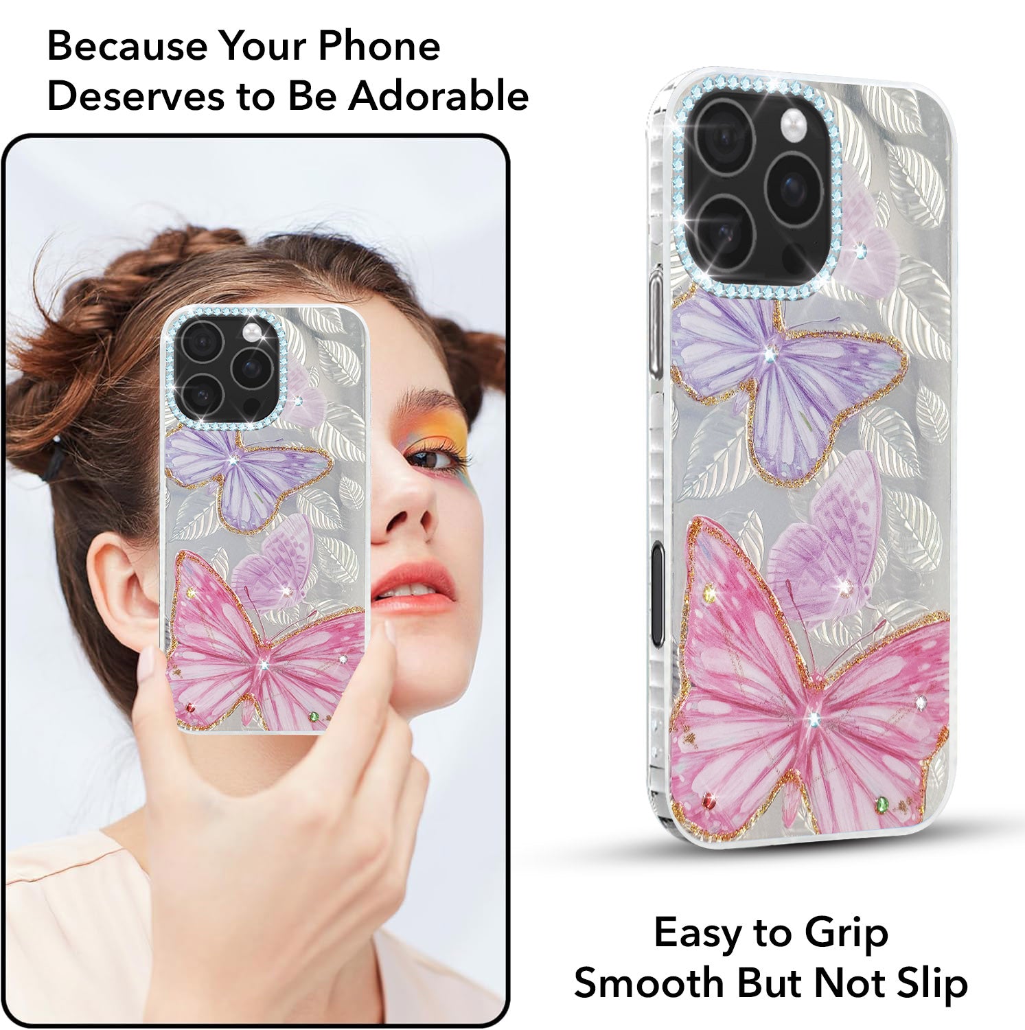 For iPhone 16 Pro Max Back Cover Case (Luxury Floral Glitter Cute Butterfly | Diamond Studded Camera Bump | Girls & Women Design)