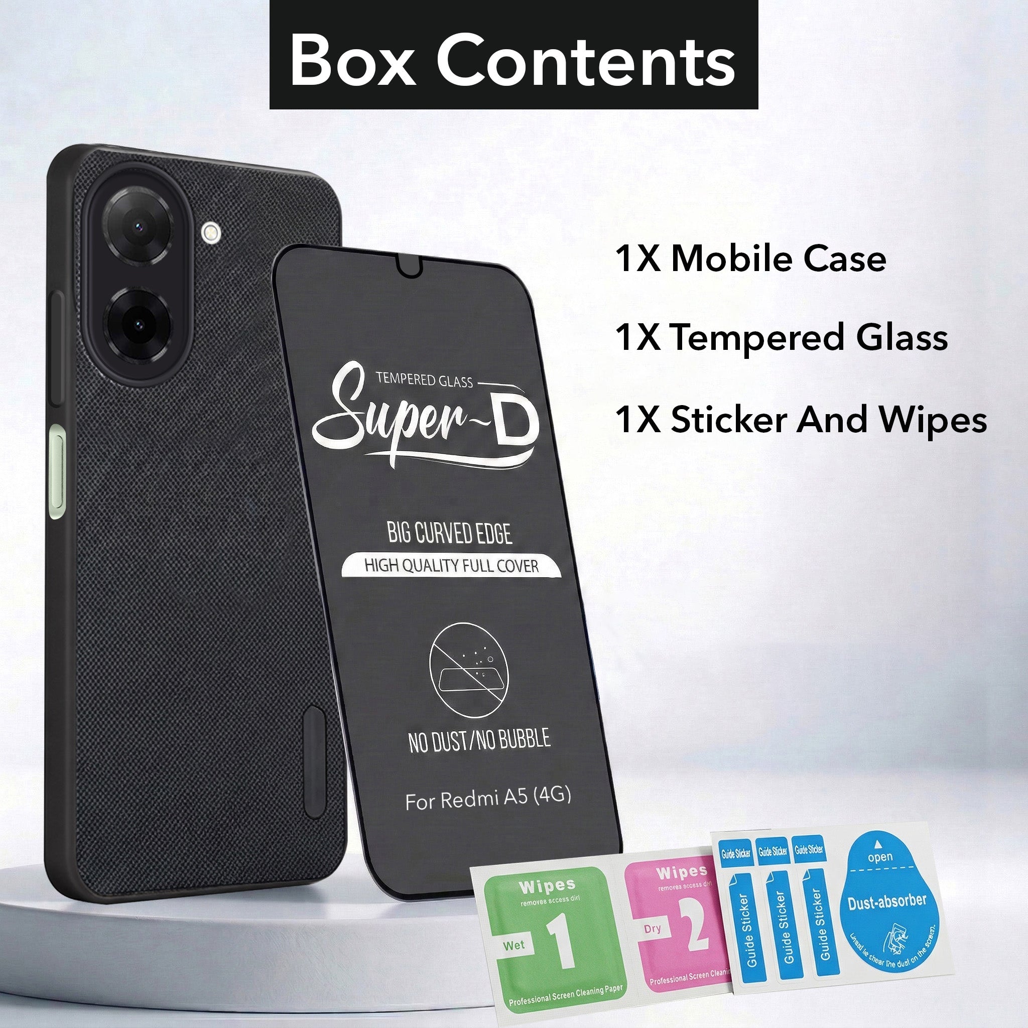 For Redmi A5 4G Combo with Back Cover and 9H Tempered Glass (Textured Grip Design | Micro-Fiber Cloth Inside | Oleophobic Coating Screen Glass)