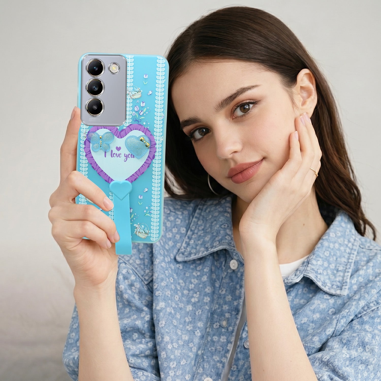 For Vivo T3 5G Back Cover Case (3D Cute Heart Strap Holder | Camera Protection | Designer Girls Print)