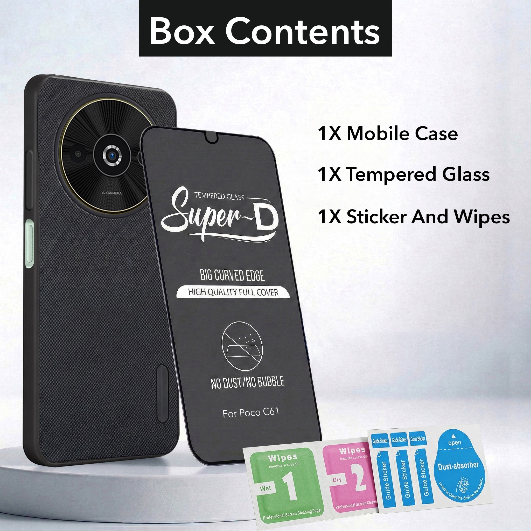 For Xiaomi Poco C61 Combo (Textured Grip Design | Micro-Fiber Cloth Inside | Oleophobic Coating Screen Glass)