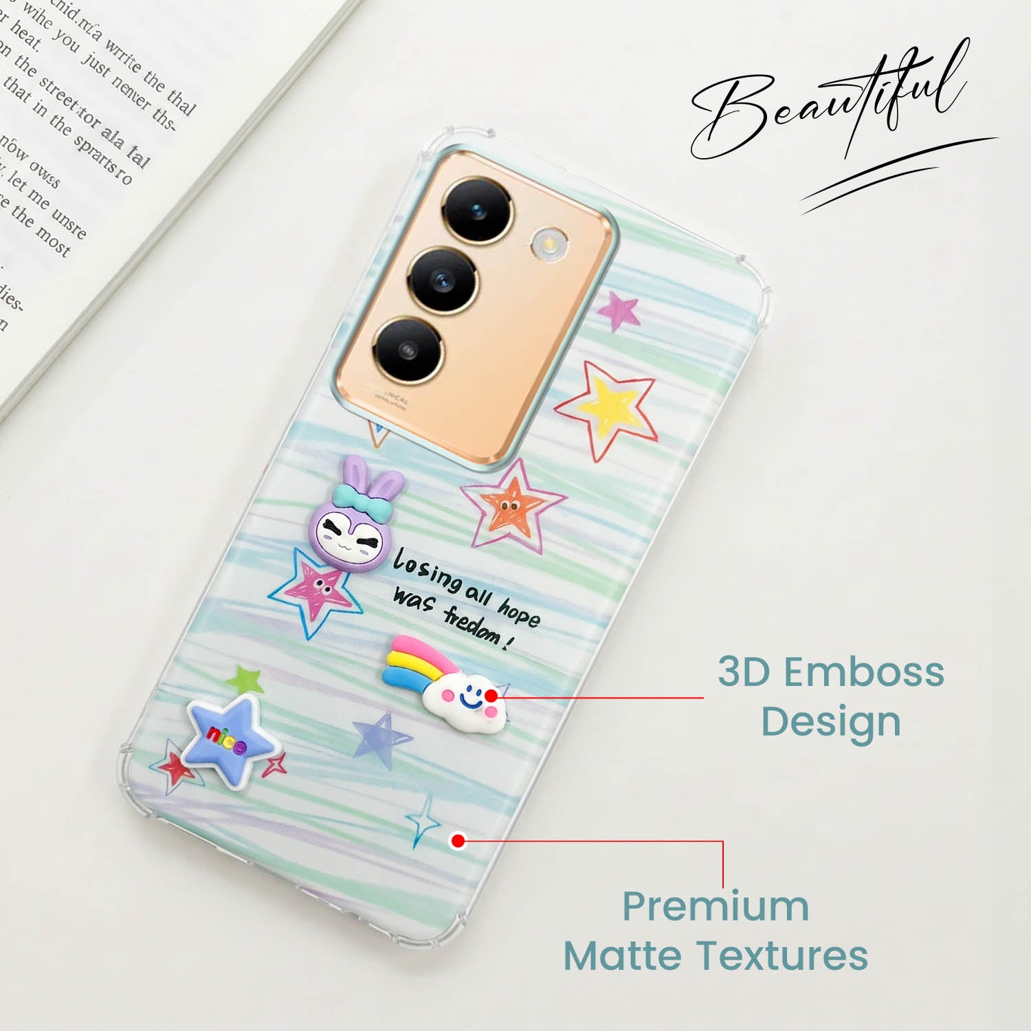 For Vivo Y200e Back Cover Case (3D Cute Cartoons | Hard Back Side Soft | Matte Premium Finish | HD Printing)