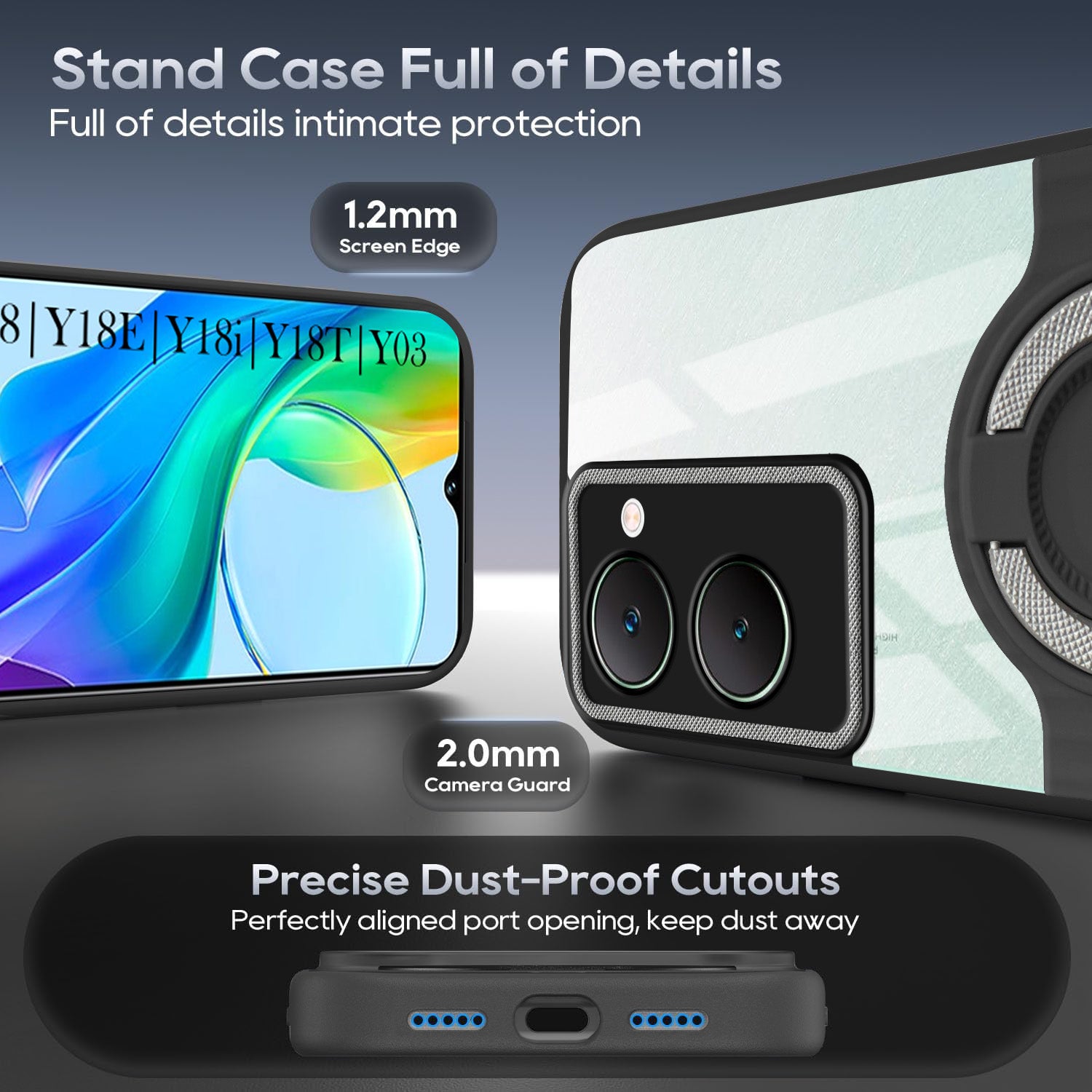 For Vivo Y18 | Y18e | Y03 | Y18i | Y18t Back Cover Case with stand (Built-in Ring Holder Kickstand | Lifetime Anti Yellow | Camera Protection)