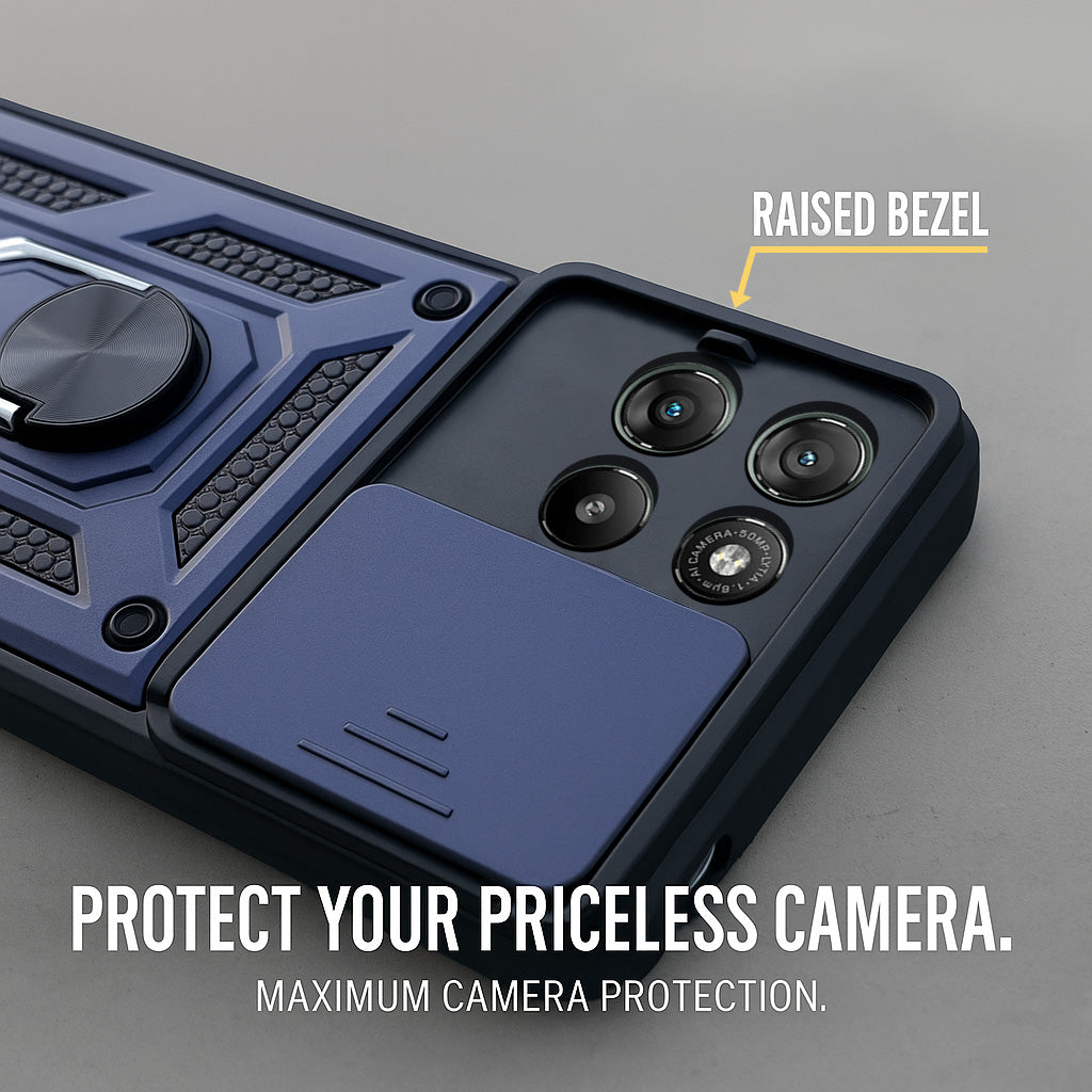 For Motorola Moto G67 Power | G57 Power Back Cover Case Hybrid Armor (Sliding Shutter Camera Protection | Polycarbonate |Ring Holder Kickstand)