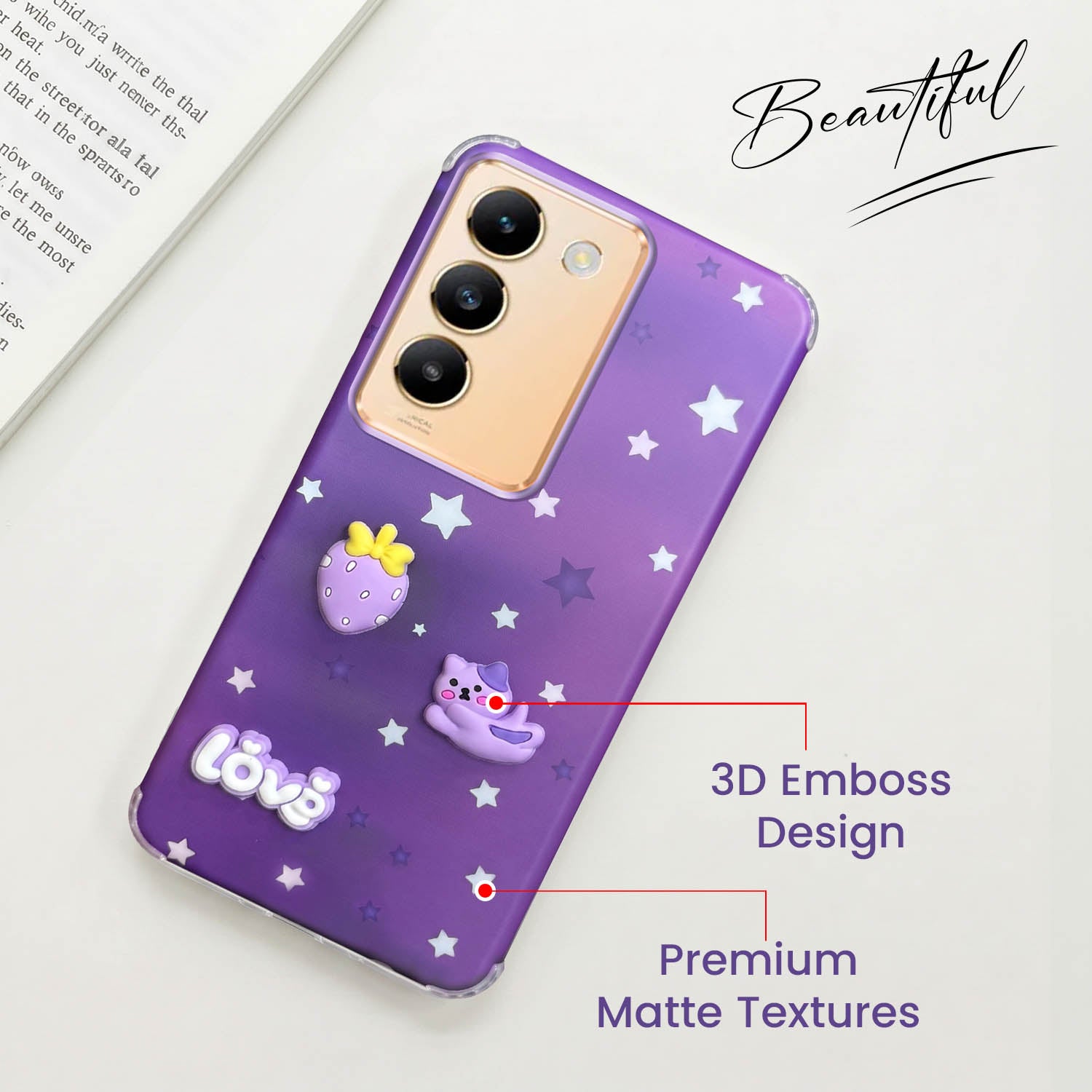 For Vivo Y200e Back Cover Case (3D Cute Cartoons | Hard Back Side Soft | Matte Premium Finish | HD Printing)