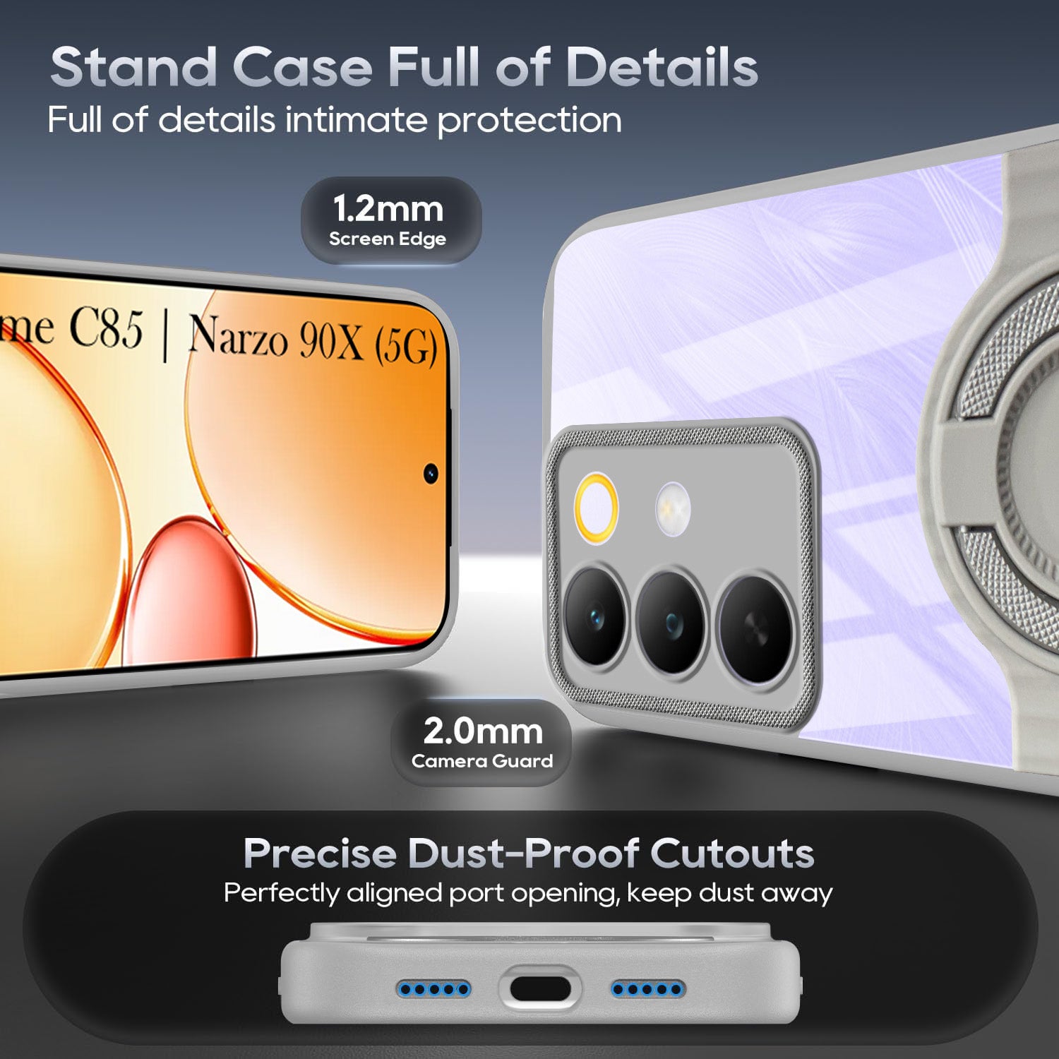 For Realme C85 5G | Realme Narzo 90x Back Cover Case with stand (Built-in Ring Holder Kickstand | Lifetime Anti Yellow | Camera Protection)