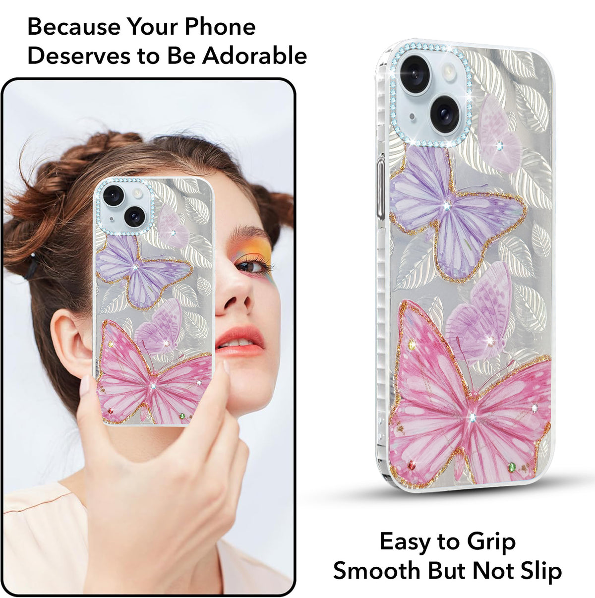 For Apple iPhone 15 Back Cover Case (Luxury Floral Glitter Cute Butterfly | Diamond Studded Camera Bump | Girls & Women Design)