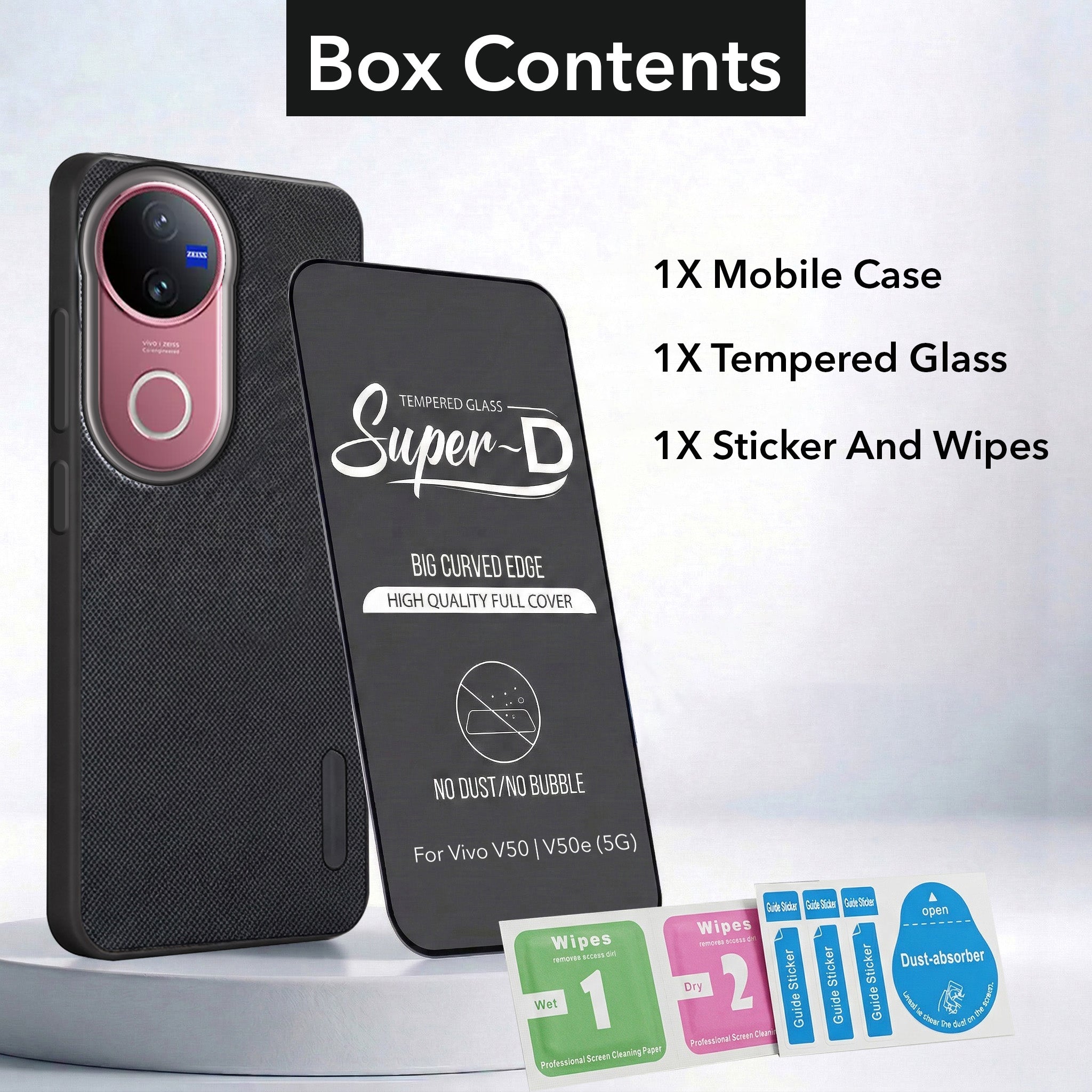 For Vivo V50 | Vivo V50e Combo with Back Cover and 9H Tempered Glass (Textured Grip Design | Micro-Fiber Cloth Inside | Oleophobic Coating Screen Glass)