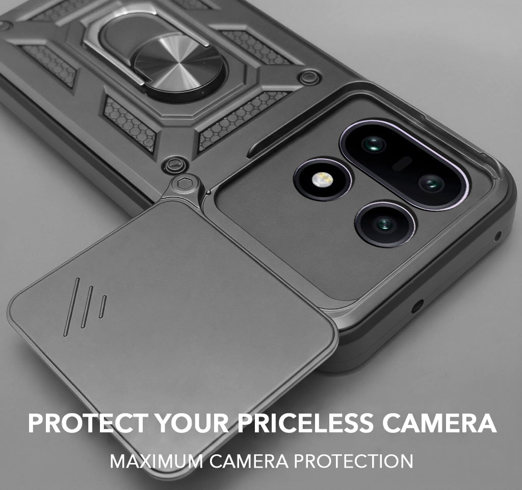 For OnePlus 15 5G Back Cover Case Hybrid Armor (Sliding Shutter Camera Protection | Polycarbonate |Ring Holder Kickstand)