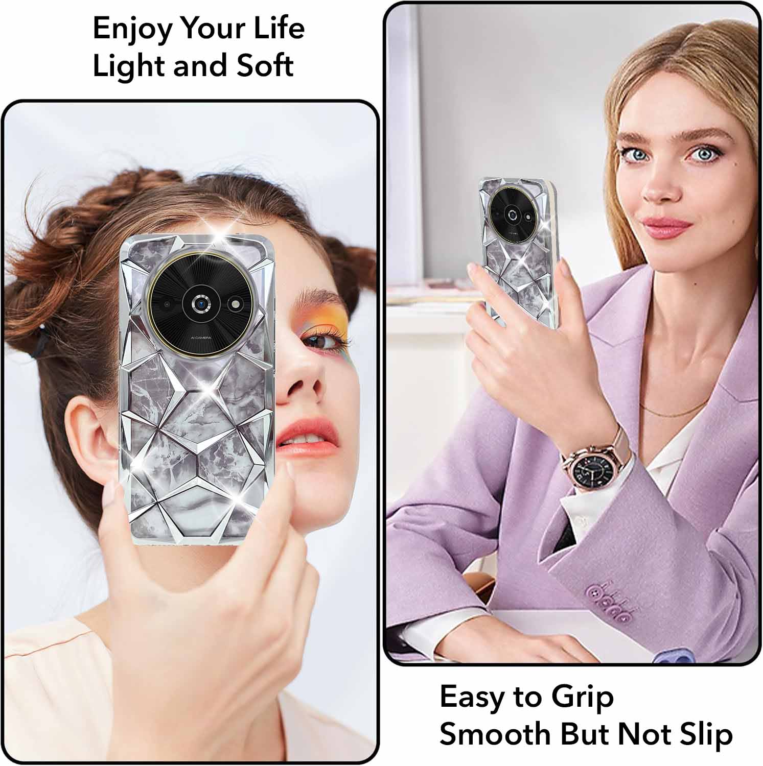 For Xiaomi Poco C61 Back Cover Case ( Dual Design Glitter Sparkle and Detachable Diamond Print Case | Soft and Flexible)