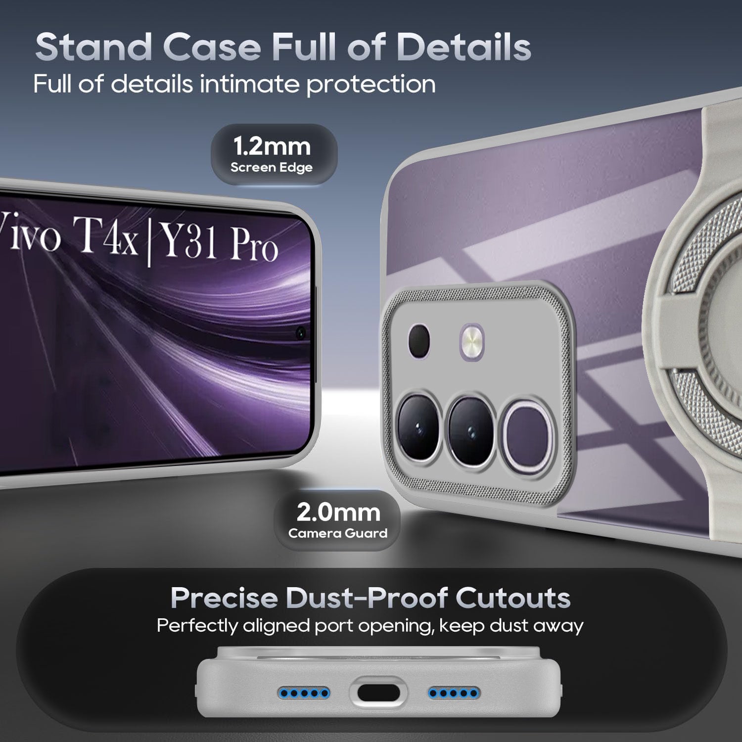 For Vivo T4x | Vivo Y31 Pro Back Cover Case with stand (Built-in Ring Holder Kickstand | Lifetime Anti Yellow | Camera Protection)