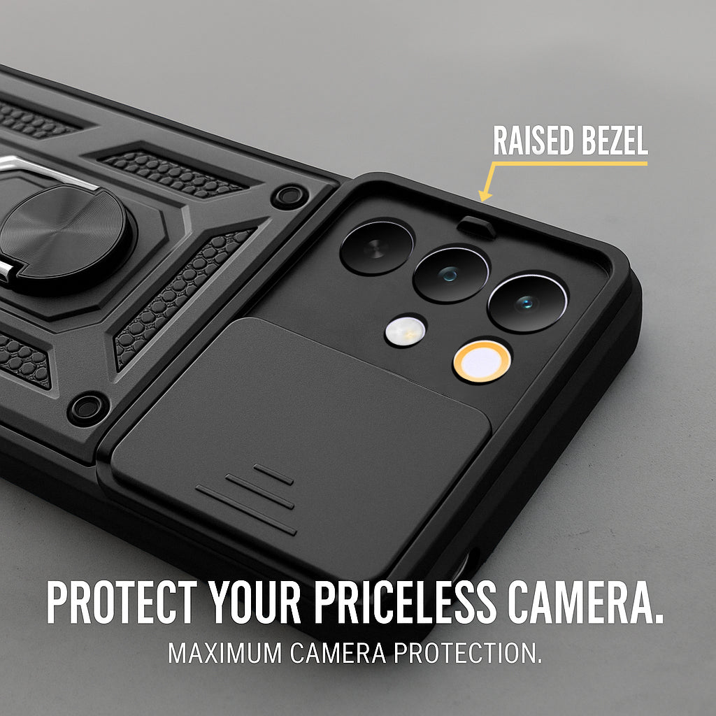 For Realme C85 5G | Realme Narzo 90x Back Cover Case Hybrid Armor (Sliding Shutter Camera Protection | Polycarbonate |Ring Holder Kickstand)