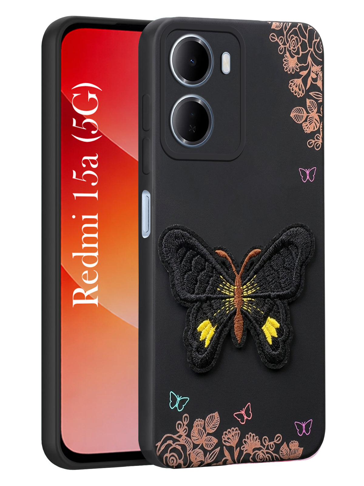 For Redmi 15A 5G Back Cover Case (Soft Butterfly Embroidery | Women Teen Girls | Camera Protection| Matte Silicone)
