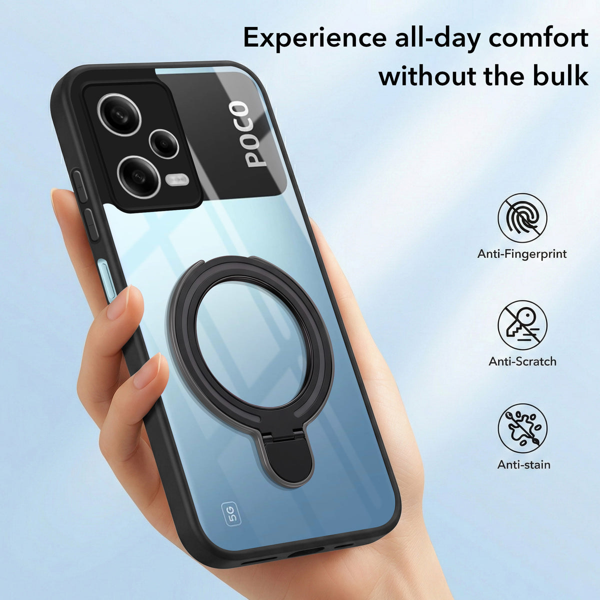 For Xiaomi Poco X5 5G Back Cover Case (Kick Stand Ring Holder | Life time Anti Yellow | Camera Protection)