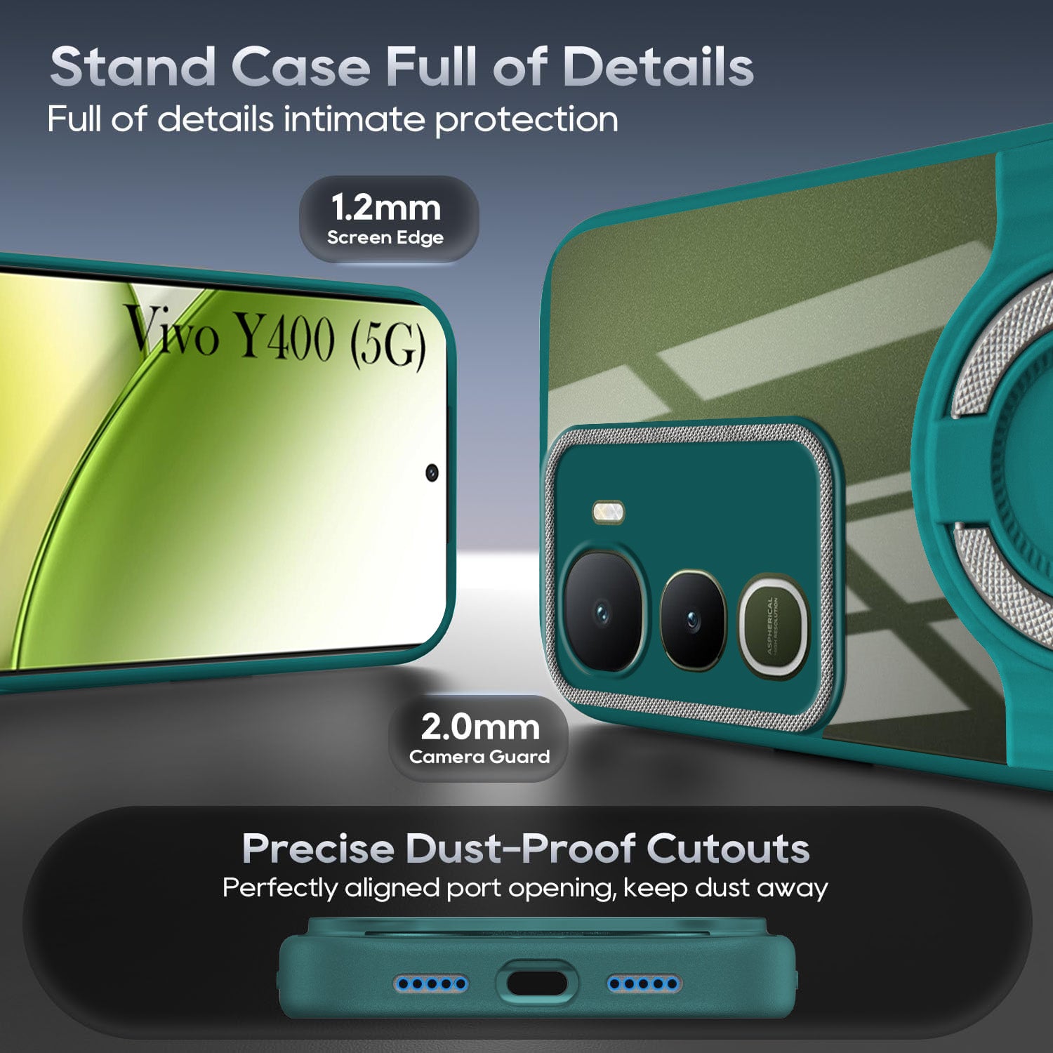 For Vivo Y400 Back Cover Case with stand (Built-in Ring Holder Kickstand | Lifetime Anti Yellow | Camera Protection)