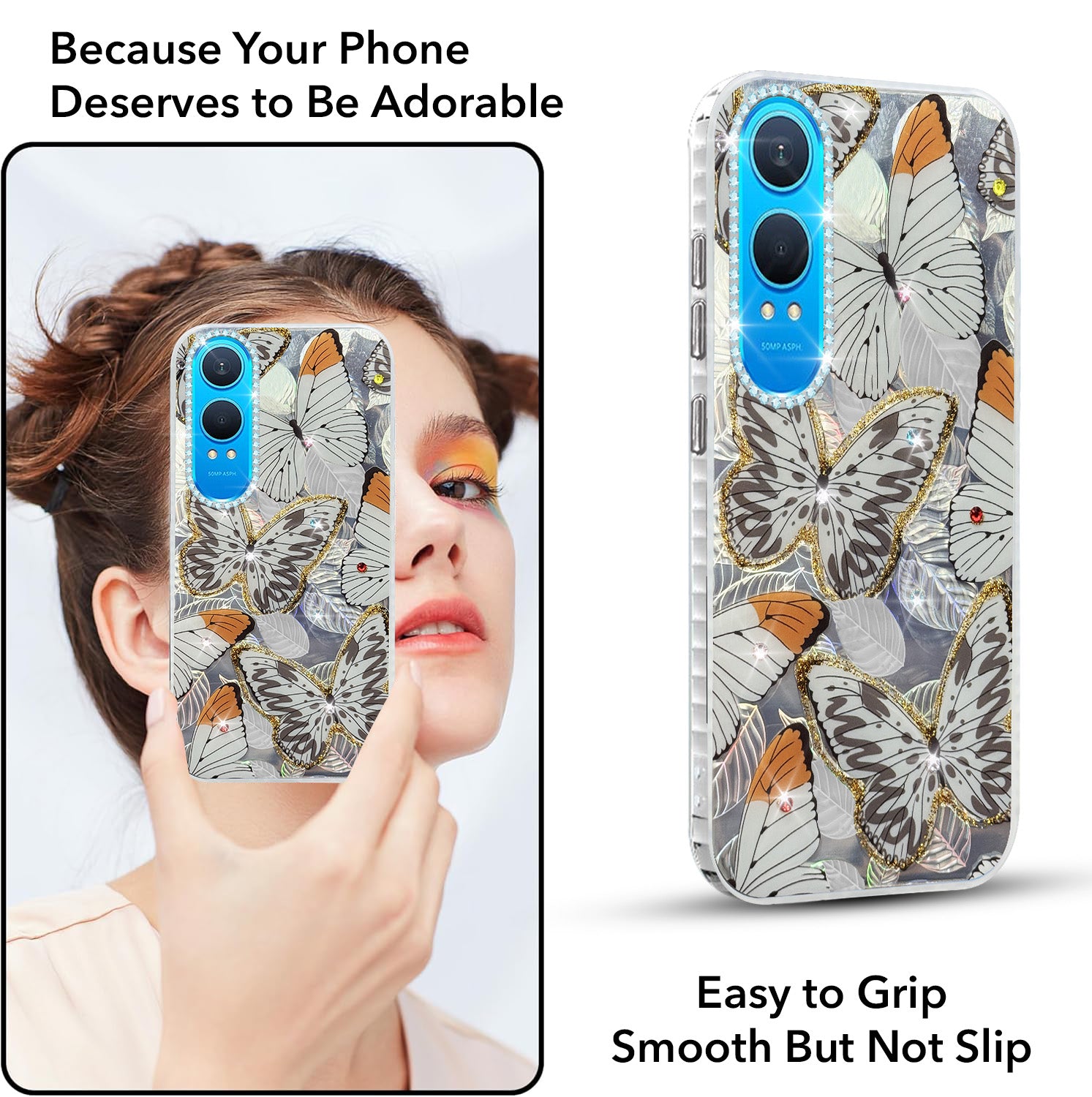 For OnePlus Nord CE 4 Lite Back Cover Case (Luxury Floral Glitter Cute Butterfly | Diamond Studded Camera Bump | Girls & Women Design)