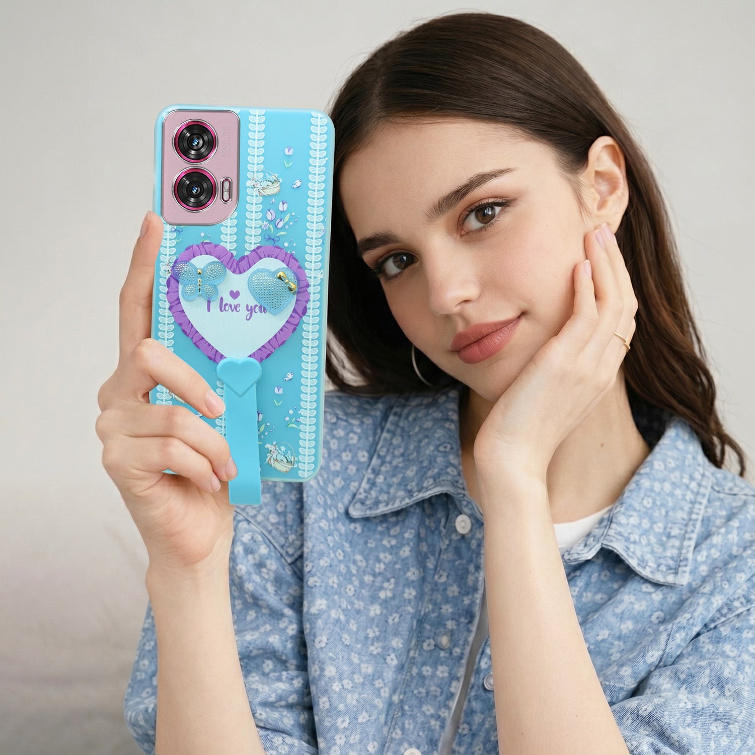 For Motorola Moto Edge 50 Fusion Back Cover Case (3D Cute Heart Strap Holder | Camera Protection | Designer Girls Print)
