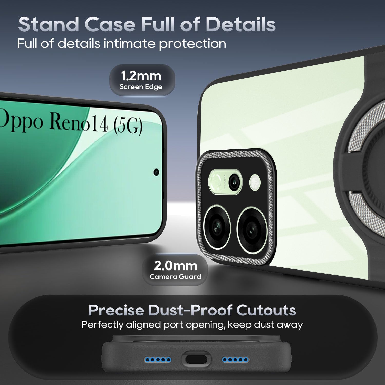 For Oppo Reno14 5G | Oppo Reno 14 5G Back Cover Case with stand (Built-in Ring Holder Kickstand | Lifetime Anti Yellow | Camera Protection)
