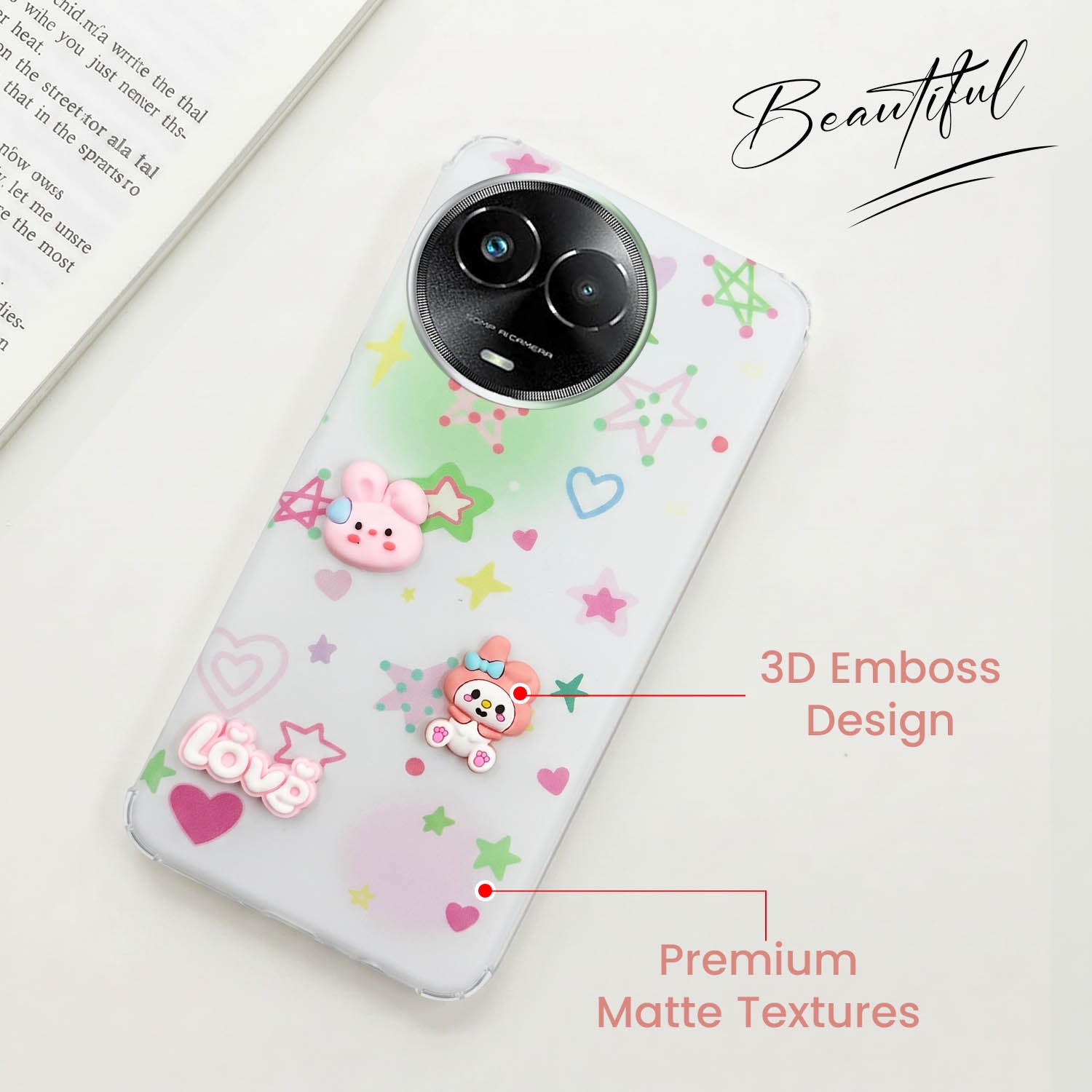 For Realme Narzo 60x Back Cover Case (3D Cute Cartoons | Hard Back Side Soft | Matte Premium Finish | HD Printing)