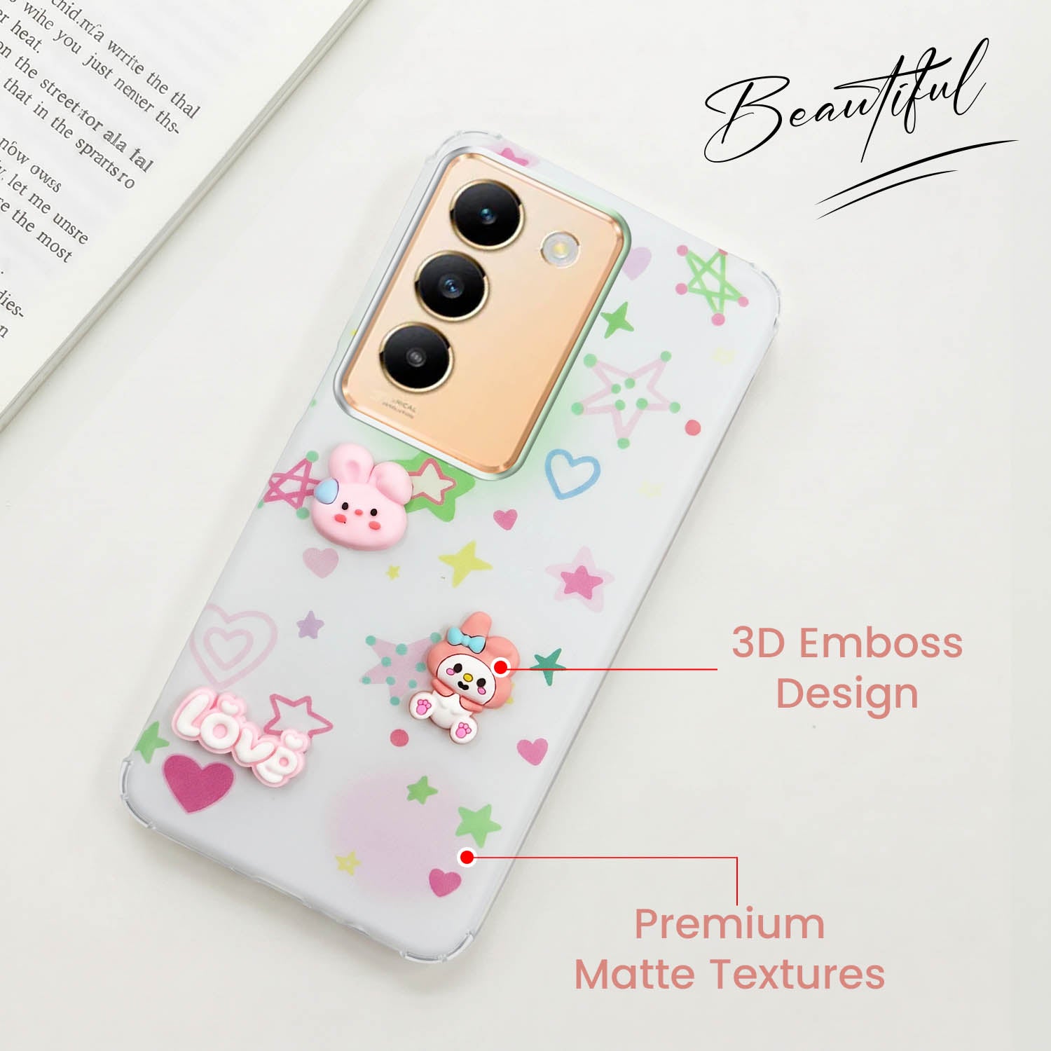 For Vivo Y200e Back Cover Case (3D Cute Cartoons | Hard Back Side Soft | Matte Premium Finish | HD Printing)