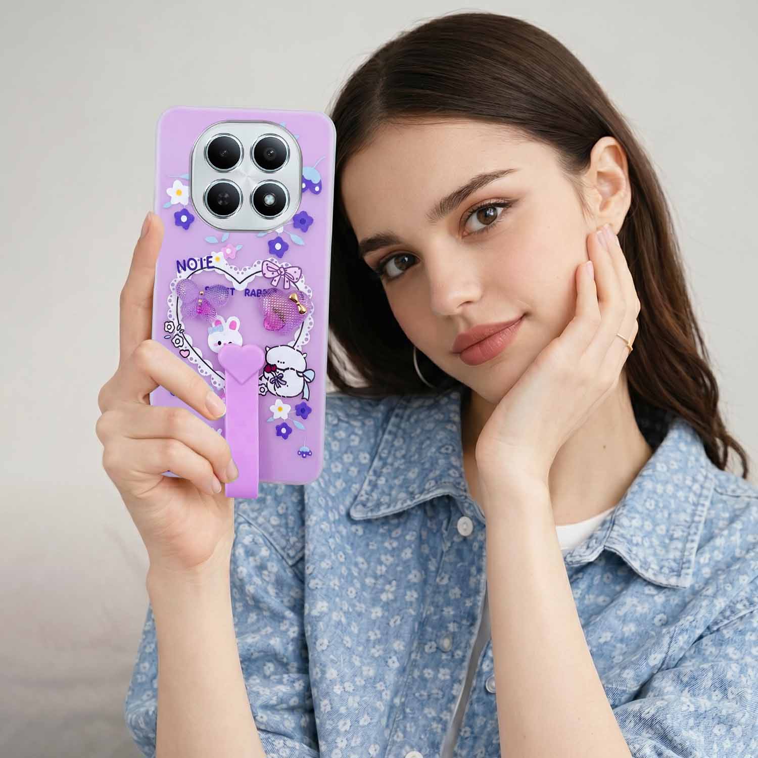 For Poco M8 5G Back Cover Case (3D Cute Heart Strap Holder | Camera Protection | Designer Girls Print)