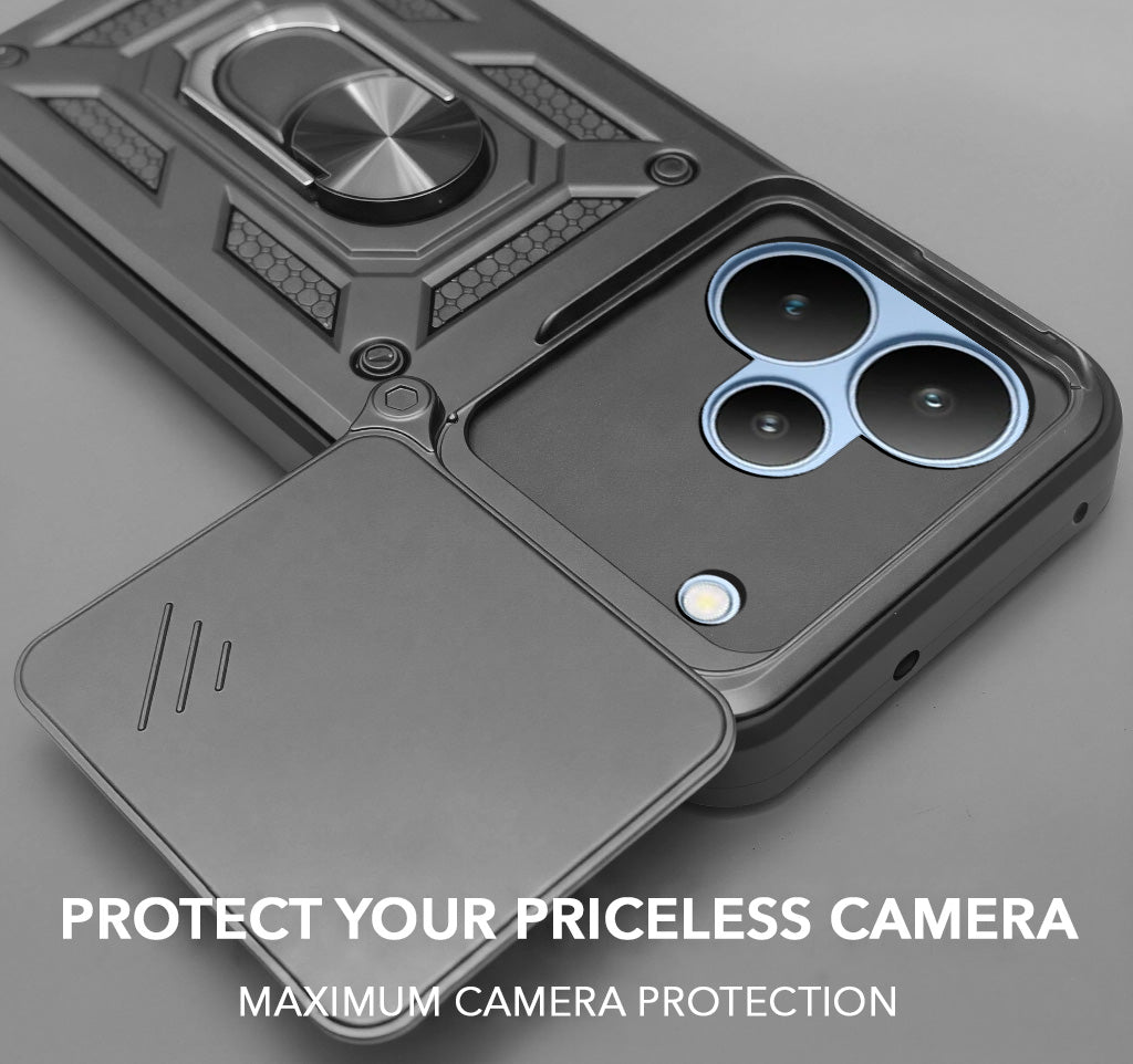 For Realme P4 Back Cover Case Hybrid Armor (Sliding Shutter Camera Protection | Polycarbonate |Ring Holder Kickstand)