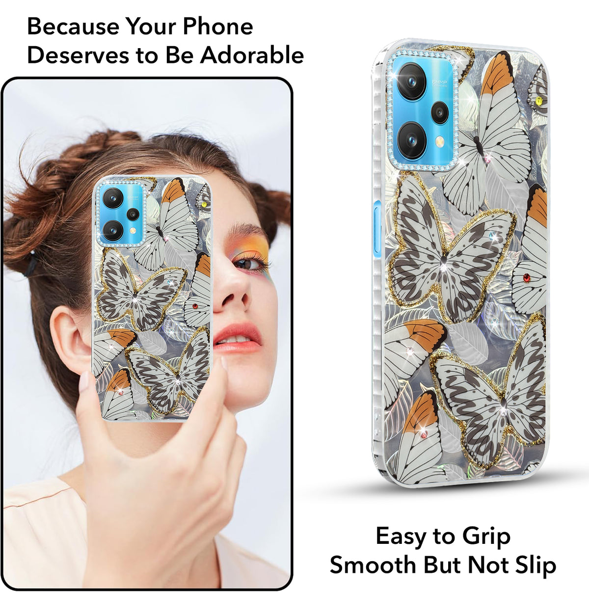 For Realme 9 Pro Back Cover Case (Luxury Floral Glitter Cute Butterfly | Diamond Studded Camera Bump | Girls & Women Design)