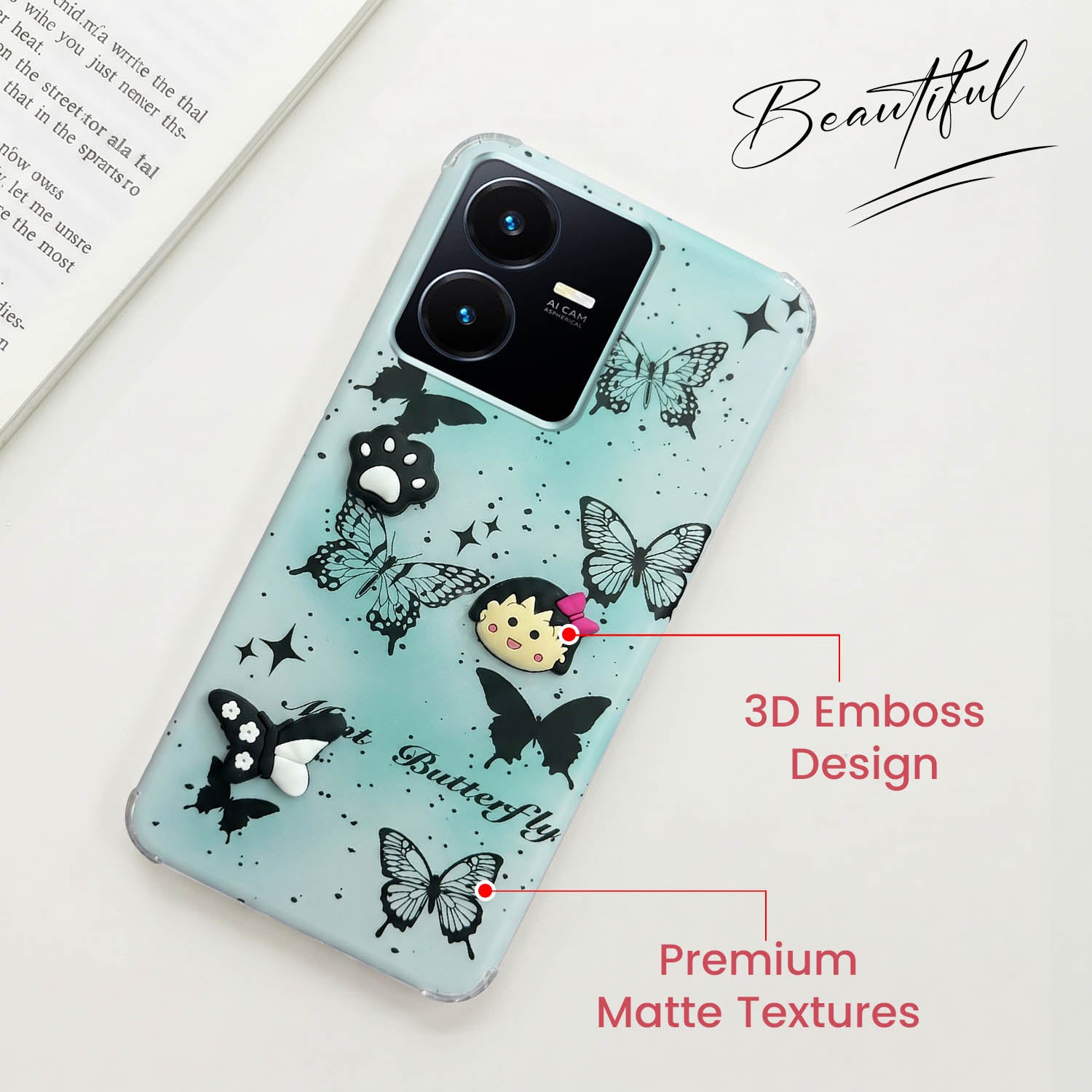 For Vivo Y22 | Vivo Y22s Back Cover Case (3D Cute Cartoons | Hard Back Side Soft | Matte Premium Finish | HD Printing)