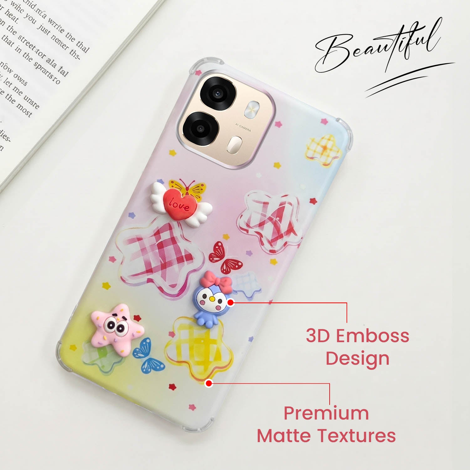 For Oppo A6 Pro Back Cover Case (3D Cute Cartoons | Hard Back Side Soft | Matte Premium Finish | HD Printing)