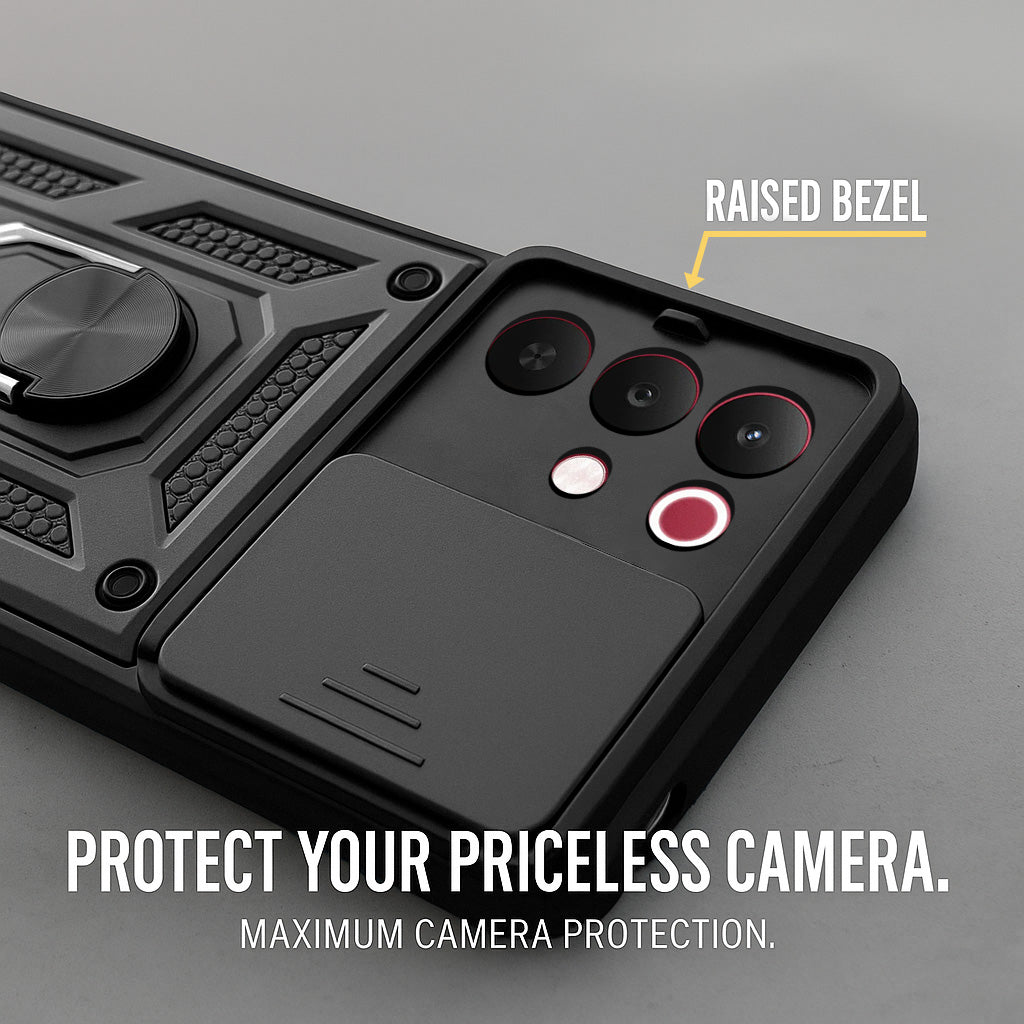 For Realme 15X Back Cover Case Hybrid Armor (Sliding Shutter Camera Protection | Polycarbonate |Ring Holder Kickstand)