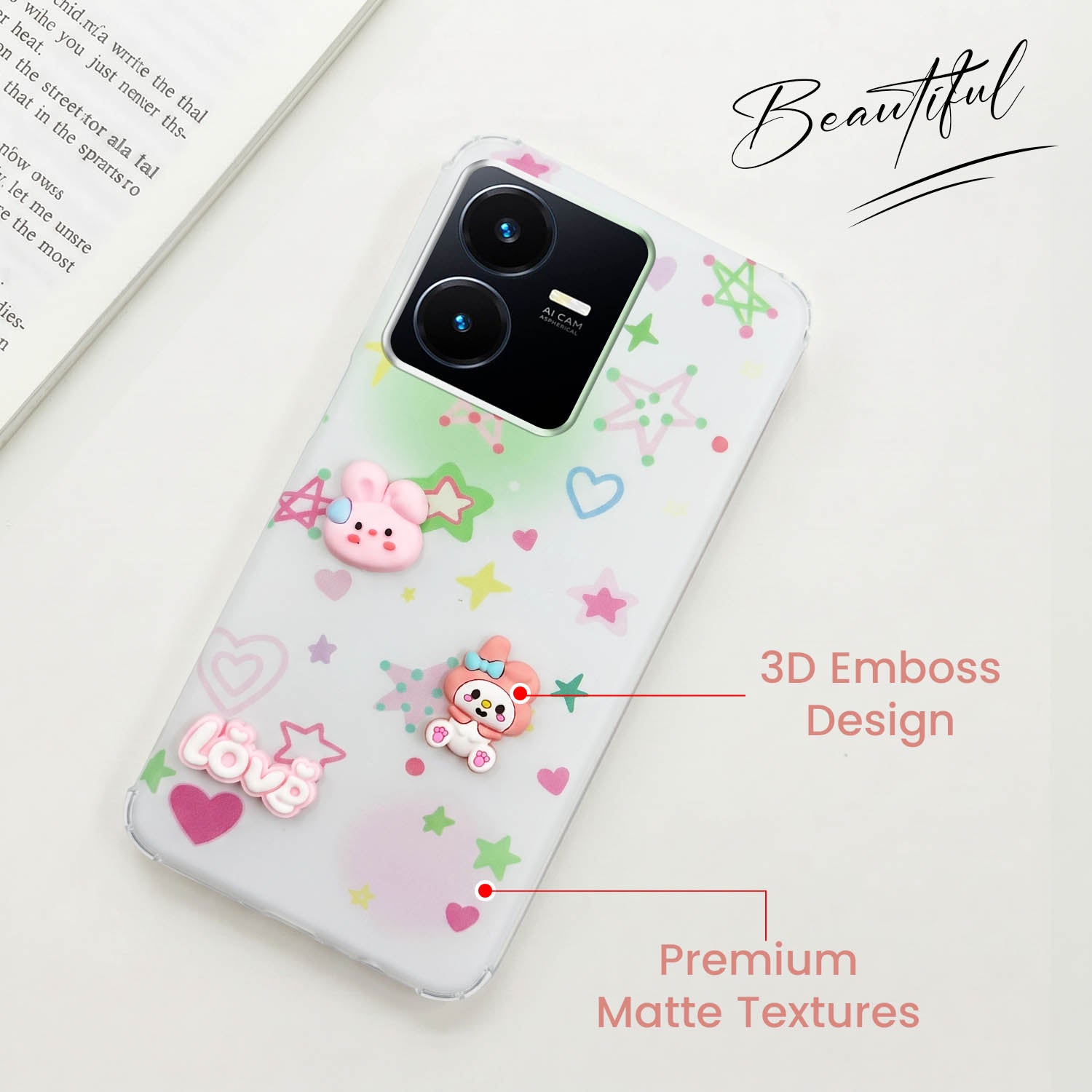 For Vivo Y22 | Vivo Y22s Back Cover Case (3D Cute Cartoons | Hard Back Side Soft | Matte Premium Finish | HD Printing)
