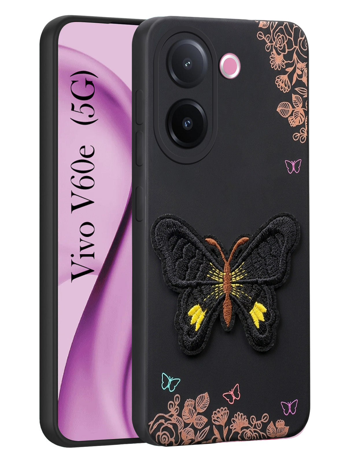 For Vivo V60e Back Cover Case (SoFt Butter Fly Embroidery | Women Teen Girls | Camera Protection| Matte Silicone)
