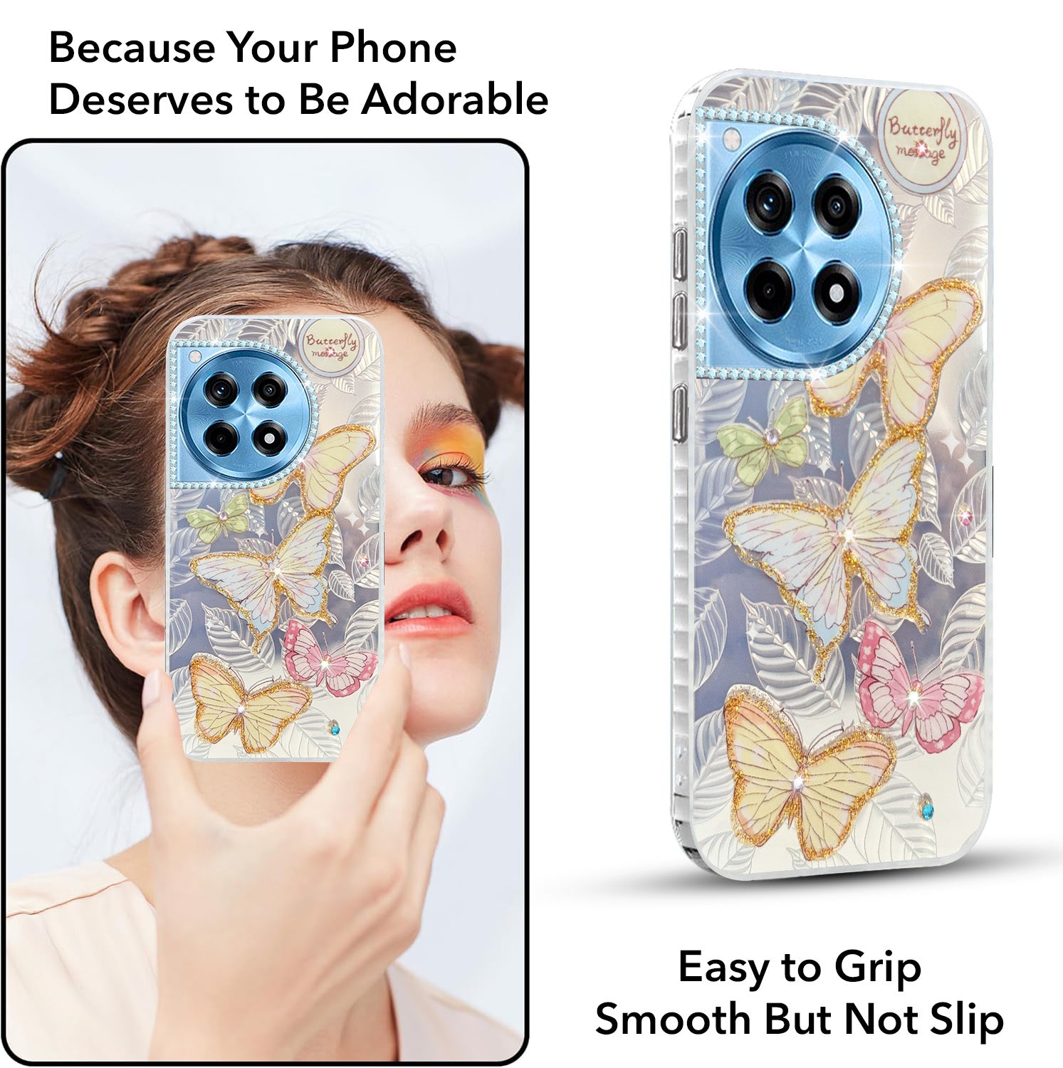 For OnePlus 12R 5G Back Cover Case (Luxury Floral Glitter Cute Butterfly | Diamond Studded Camera Bump | Girls & Women Design)