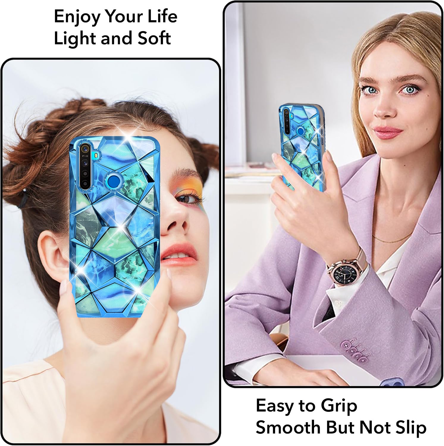 For Realme 5 | 5s | 5i Back Cover Case (Dual Design Glitter Sparkle and Detachable Diamond Print Case | Soft and Flexible)