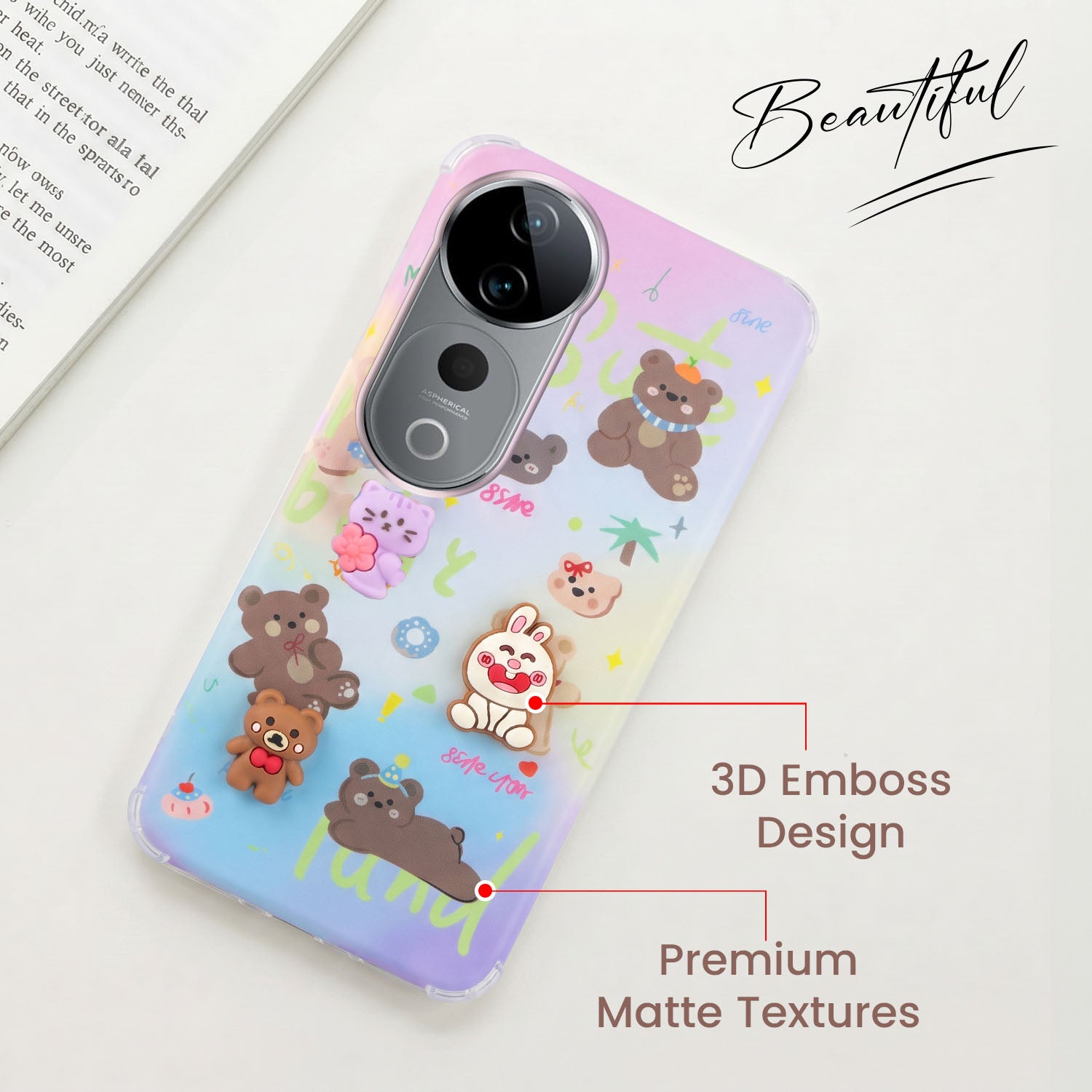 For Vivo T3 Ultra Back Cover Case (3D Cute Cartoons | Hard Back Side Soft | Matte Premium Finish | HD Printing)
