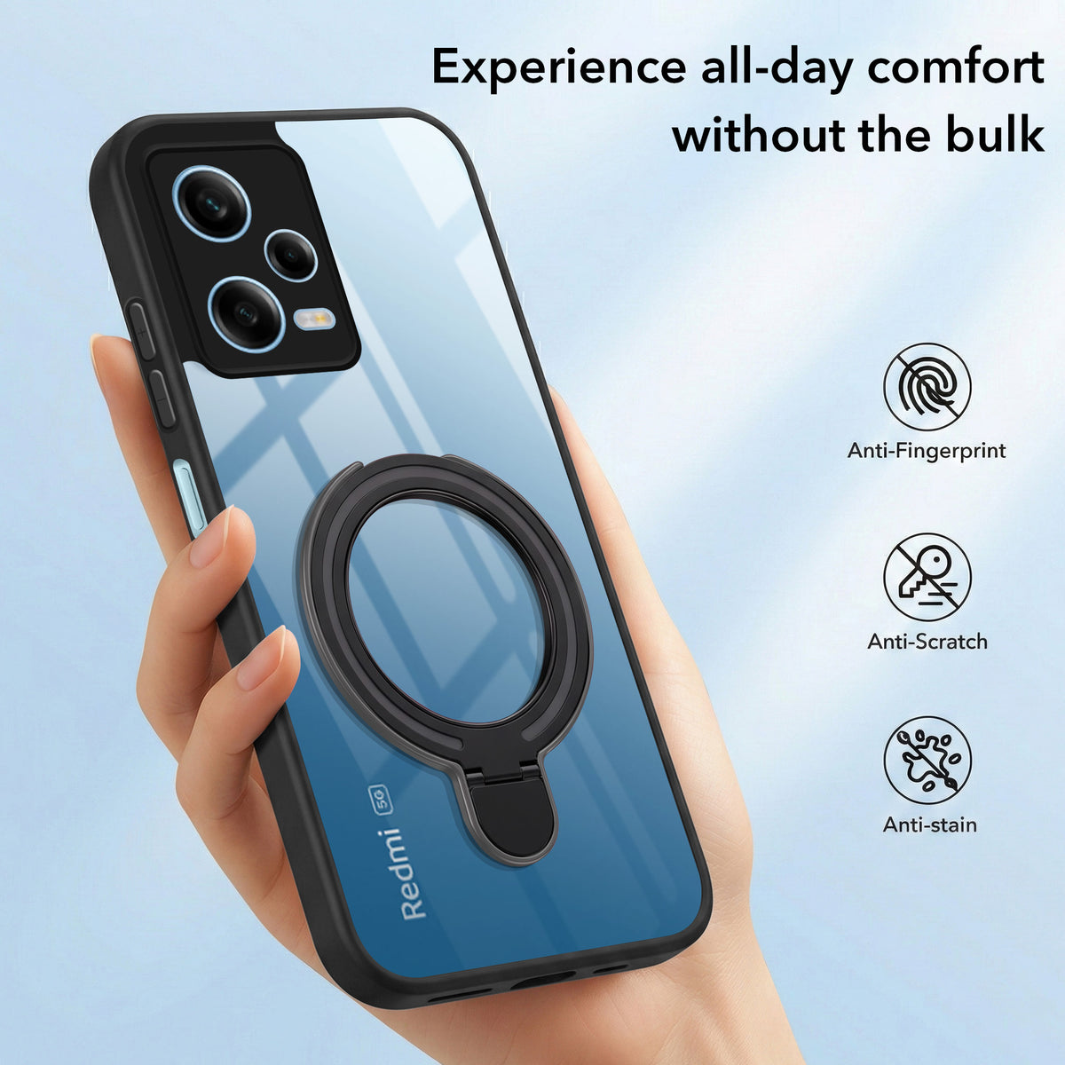 For Redmi Note 12 5G Back Cover Case (Kick Stand Ring Holder | Life time Anti Yellow | Camera Protection)