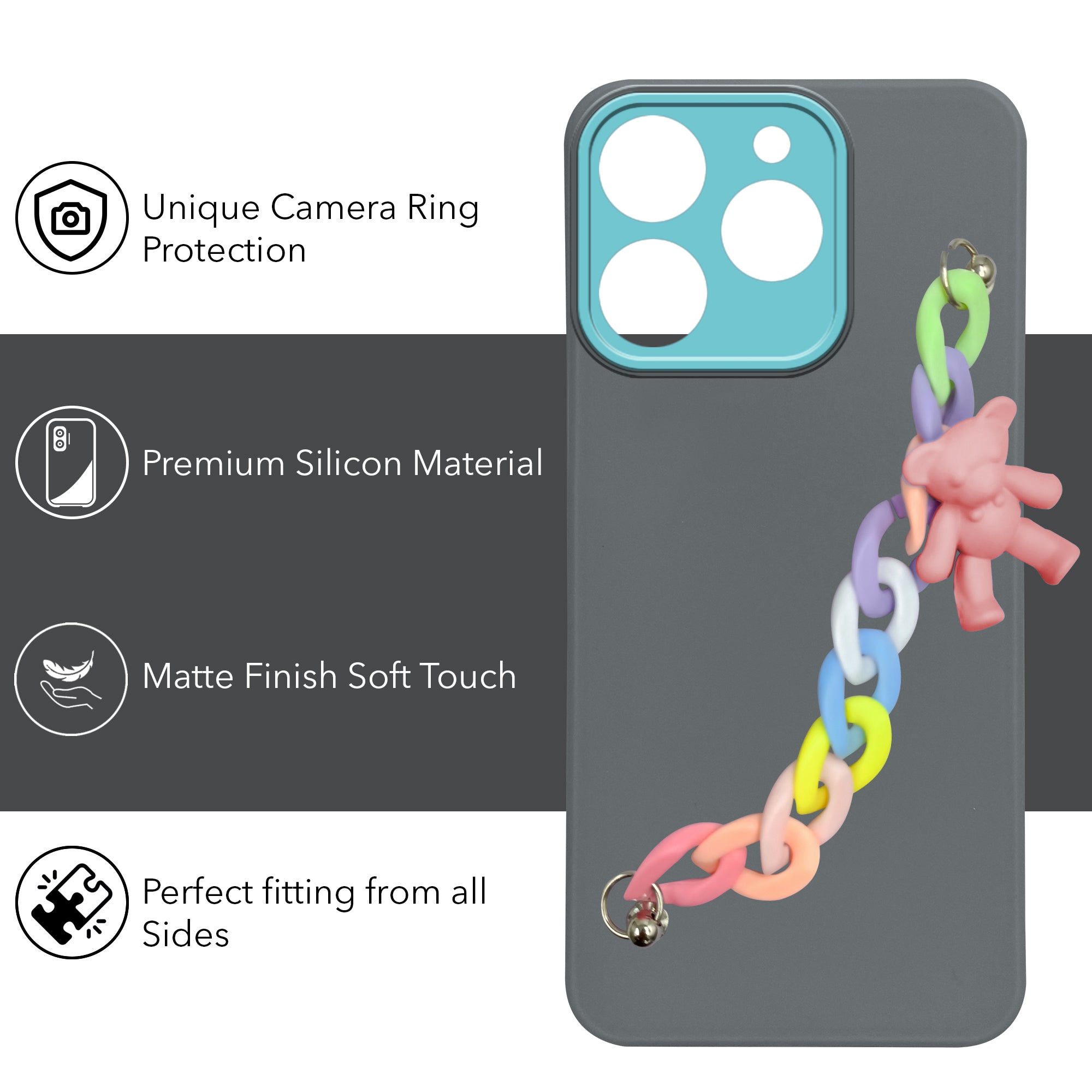 For Realme 15T | Realme Narzo 90 Back Cover Case (Wrist Hanging Chain | Teddy Bracelet Charms | Dual Color Matte Finish | Full Camera Protection | Sleek and Professional)