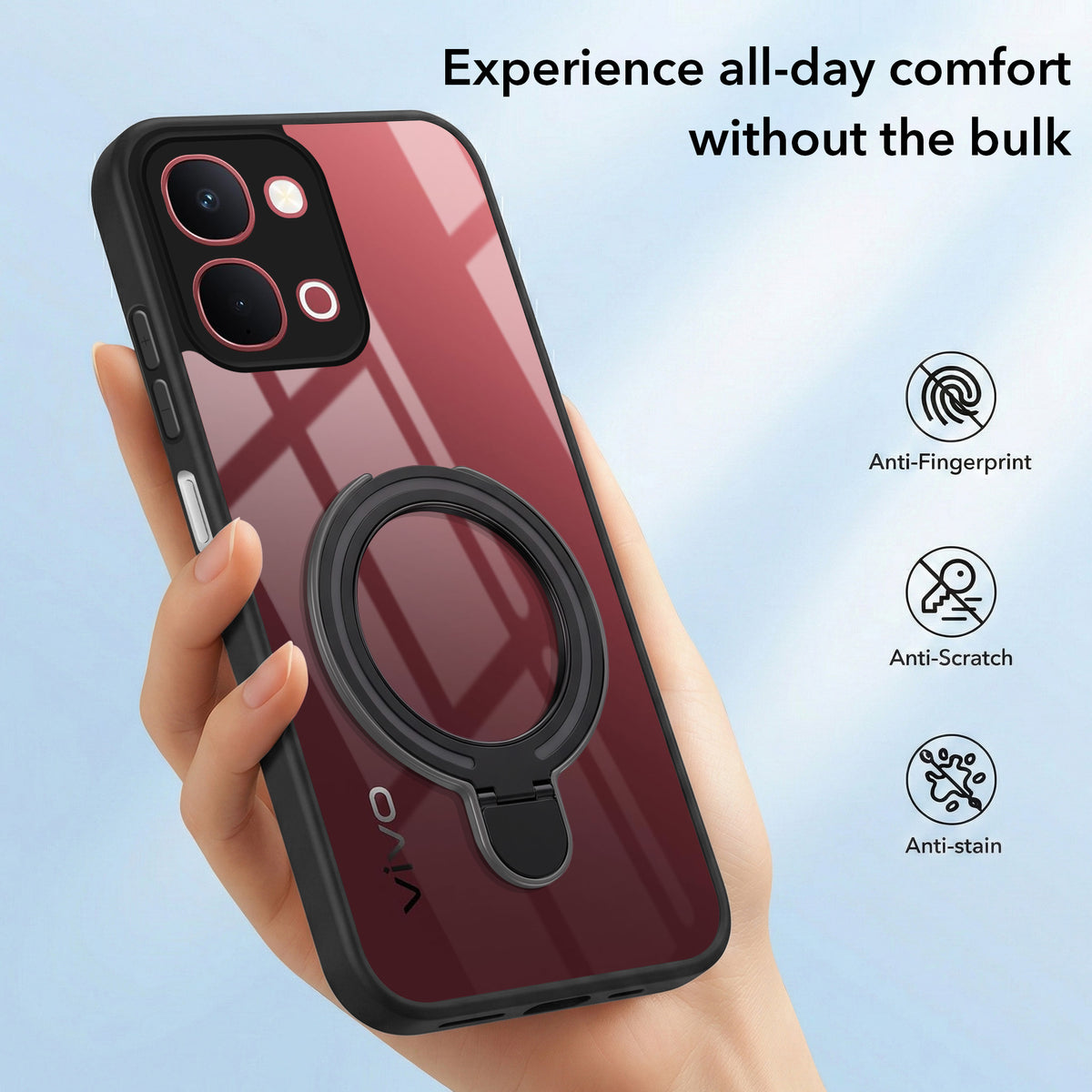 For Vivo Y31T 5G ack Cover Case (Kick Stand Ring Holder | Life time Anti Yellow | Camera Protection)