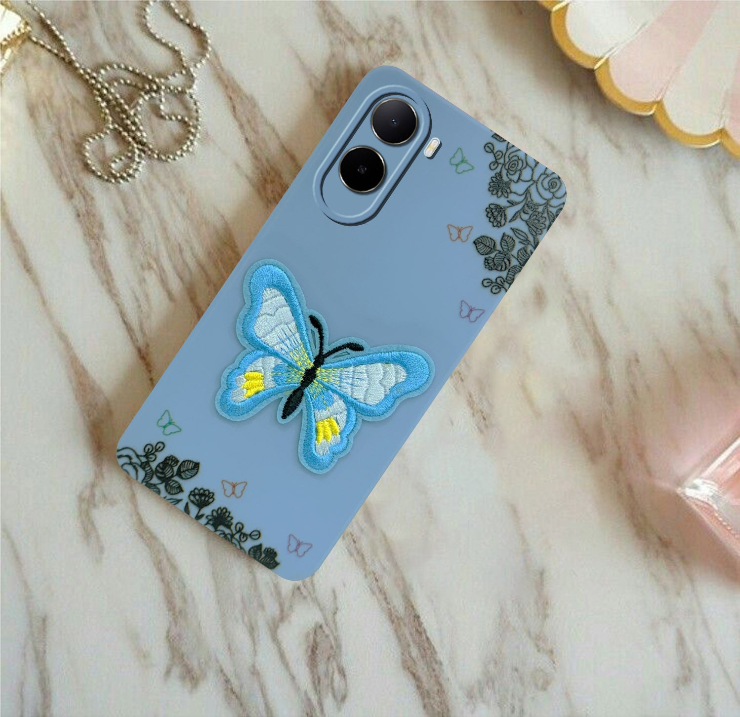 For Poco C85x 5G Back Cover Case (Soft Butterfly Embroidery | Women Teen Girls | Camera Protection| Matte Silicone)