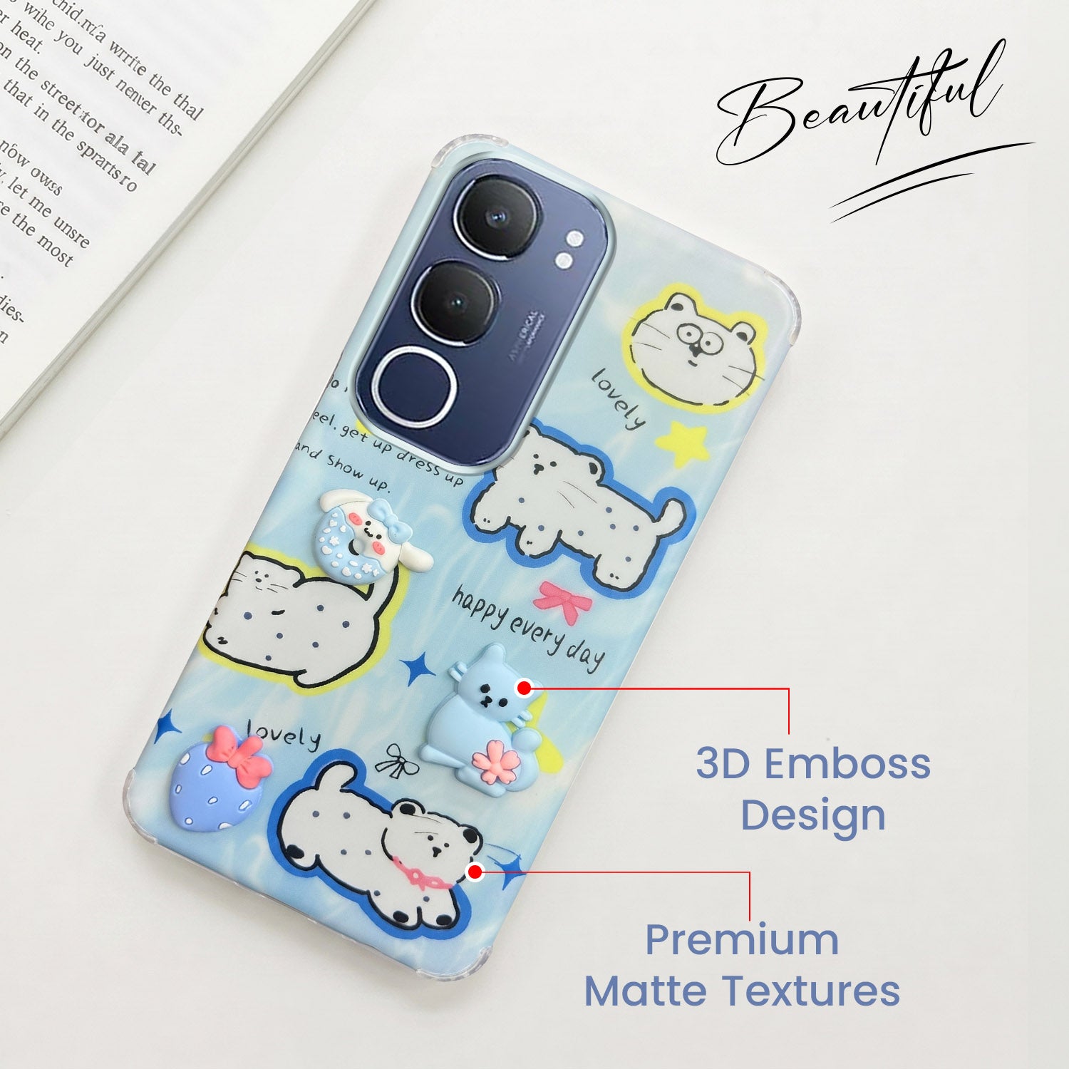 For Vivo Y29 Back Cover Case (3D Cute Cartoons | Hard Back Side Soft | Matte Premium Finish | HD Printing)