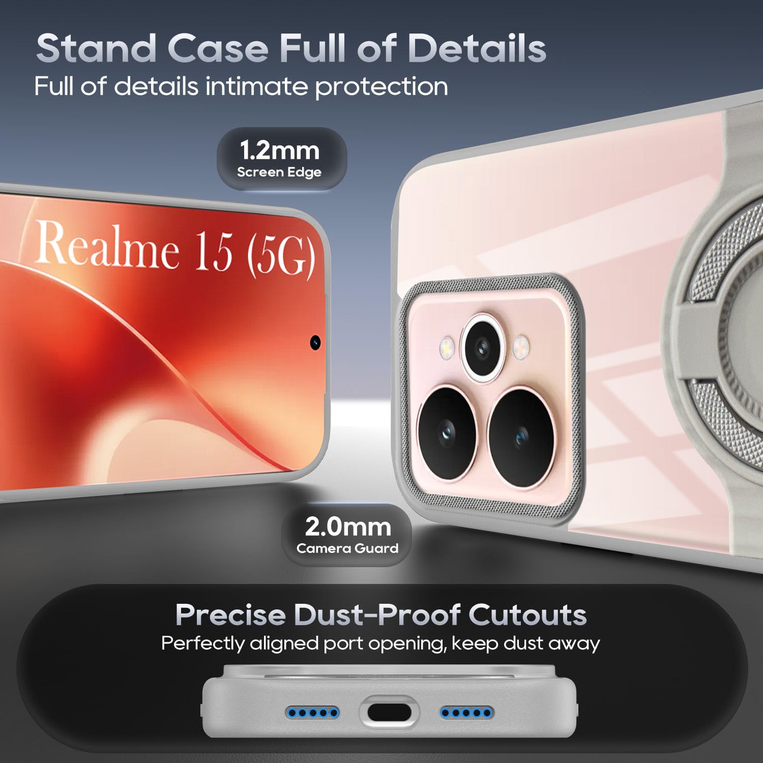For Realme 15 Back Cover Case with stand (Built-in Ring Holder Kickstand | Lifetime Anti Yellow | Camera Protection)