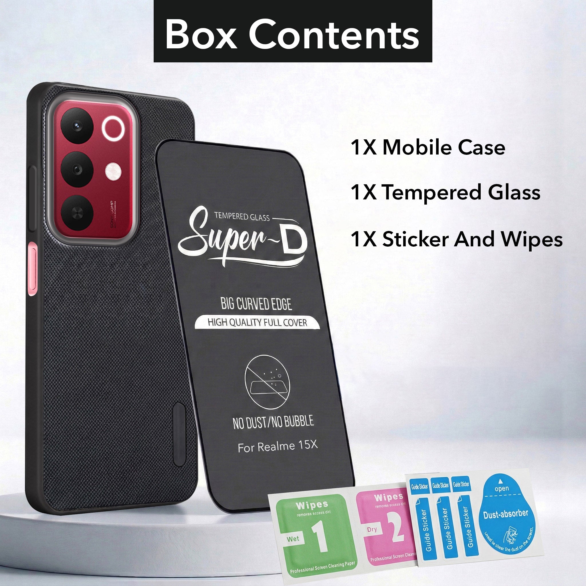 For Realme 15X Combo with Back Cover and 9H Tempered Glass (Textured Grip Design | Micro-Fiber Cloth Inside | Oleophobic Coating Screen Glass)