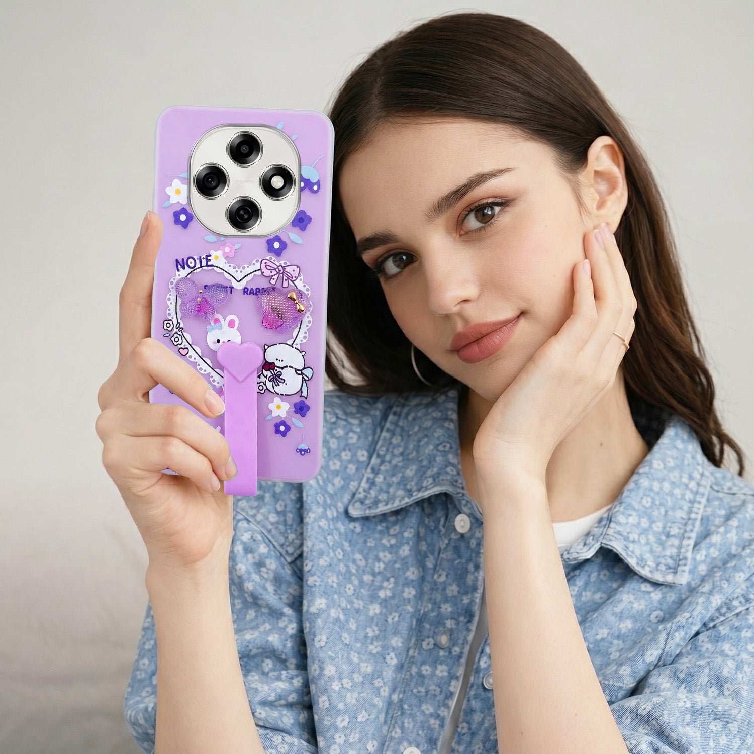 For Oppo F31 Pro Back Cover Case (3D Cute Heart Strap Holder | Camera Protection | Designer Girls Print)