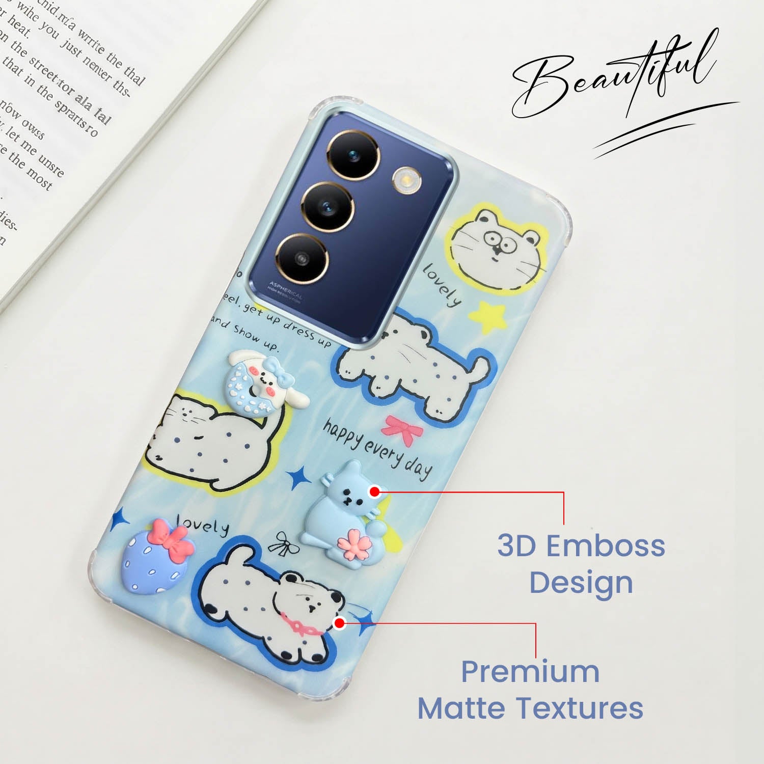 For Vivo T3 5G Back Cover Case (3D Cute Cartoons | Hard Back Side Soft | Matte Premium Finish | HD Printing)