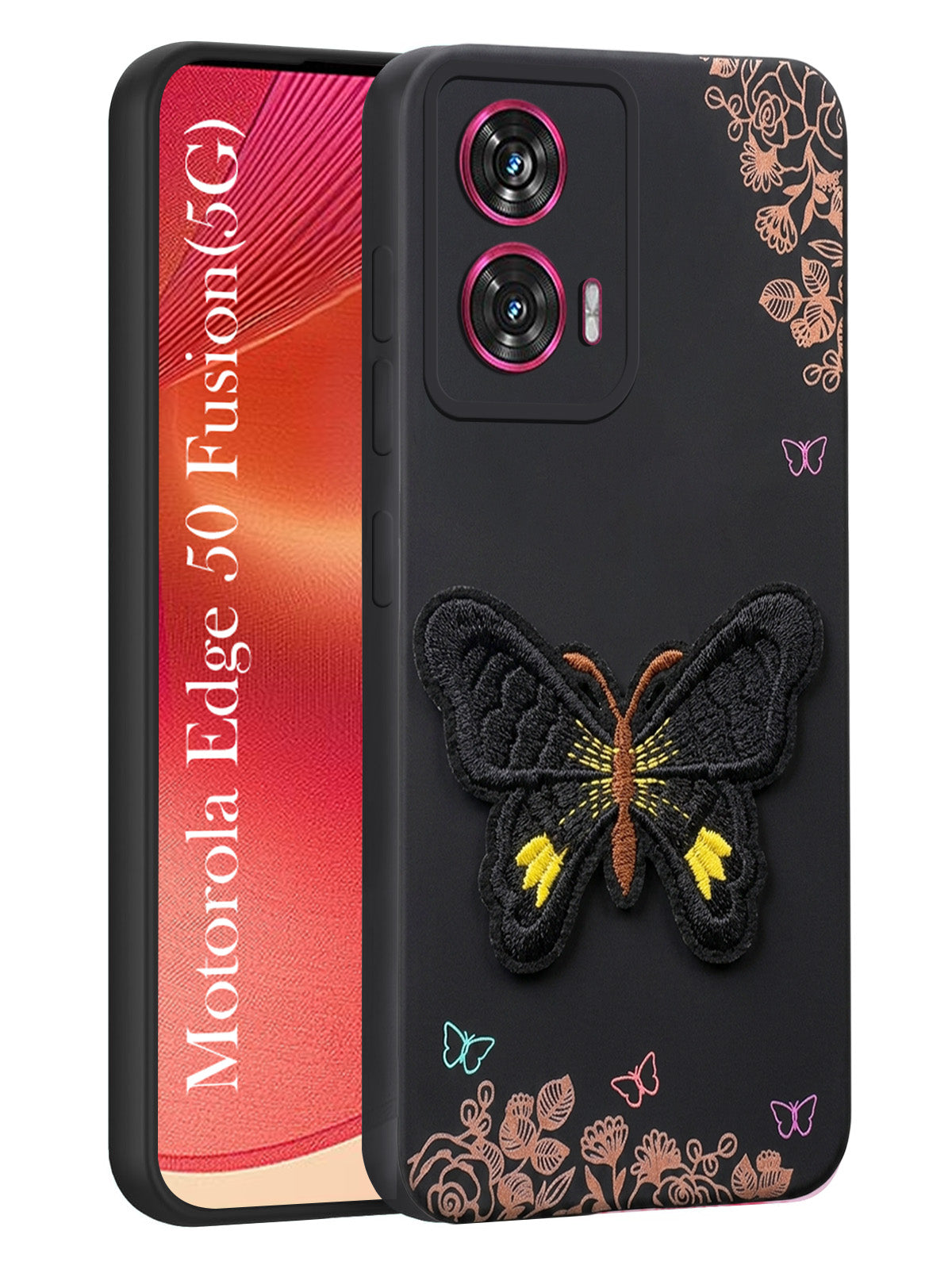 For Motorola Moto Edge 50 Fusion Back Cover Case (Soft Butterfly Embroidery | Women Teen Girls | Camera Protection| Matte Silicone)