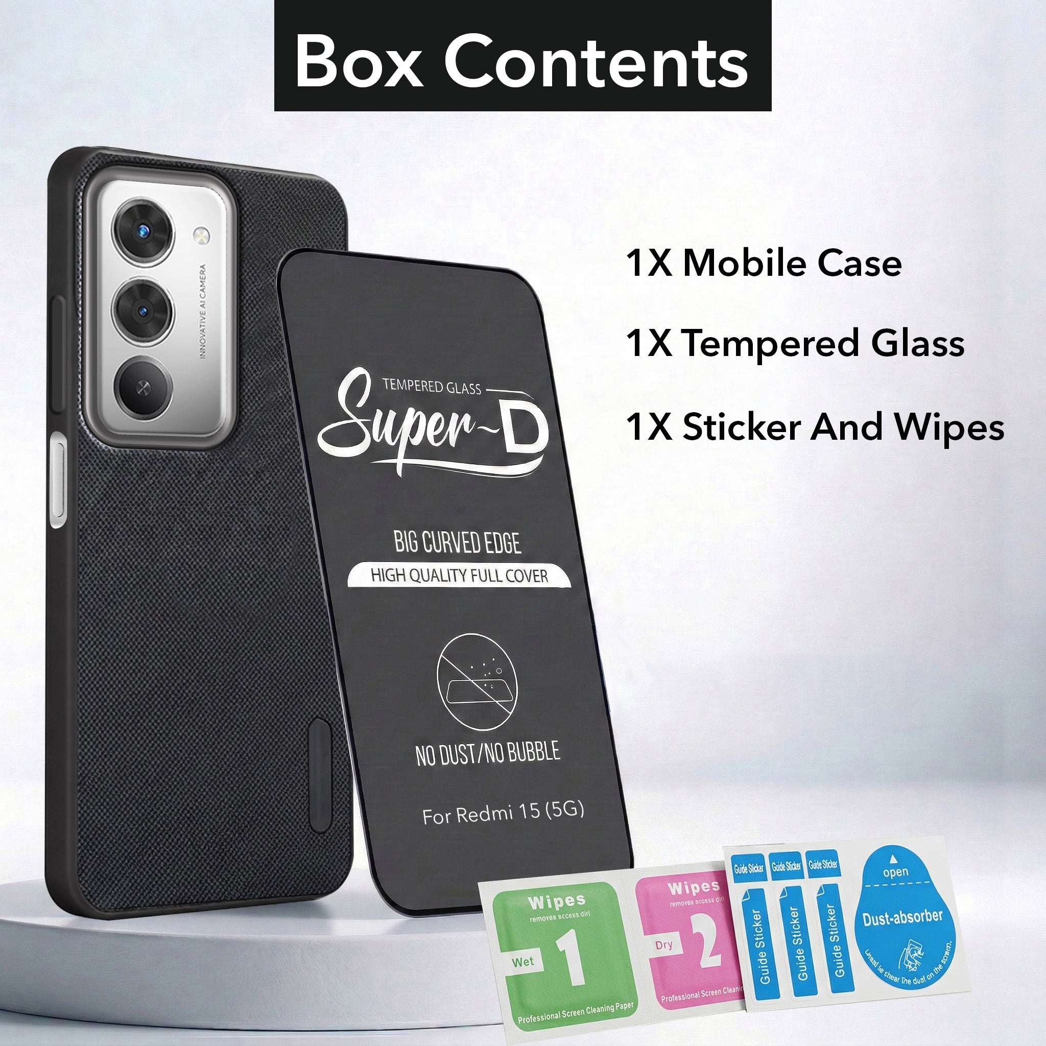 For Redmi 15 Combo with Back Cover and 9H Tempered Glass (Textured Grip Design | Micro-Fiber Cloth Inside | Oleophobic Coating Screen Glass)