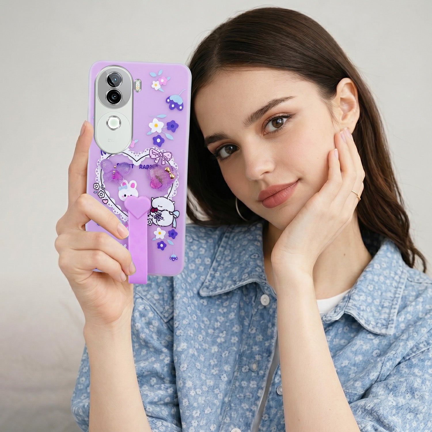 For Vivo iQOO Z9s Back Cover Case (3D Cute Heart Strap Holder | Camera Protection | Designer Girls Print)