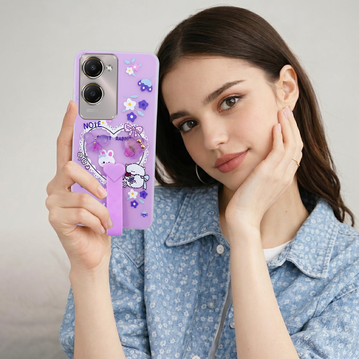 For Vivo Y28s 5G | Vivo T3 Lite 5G Back Cover Case (3D Cute Heart Strap Holder | Camera Protection | Designer Girls Print)