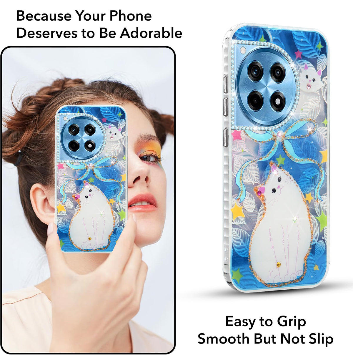 For OnePlus 12R 5G Back Cover Case (Luxury Floral Glitter Cute Butterfly | Diamond Studded Camera Bump | Girls & Women Design)