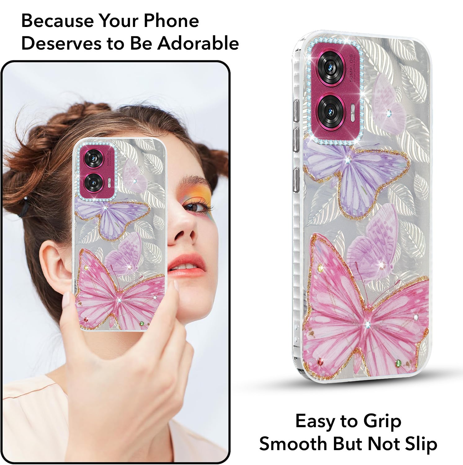 For Motorola Moto Edge 50 Fusion Back Cover Case (Luxury Floral Glitter Cute Butterfly | Diamond Studded Camera Bump | Girls & Women Design)